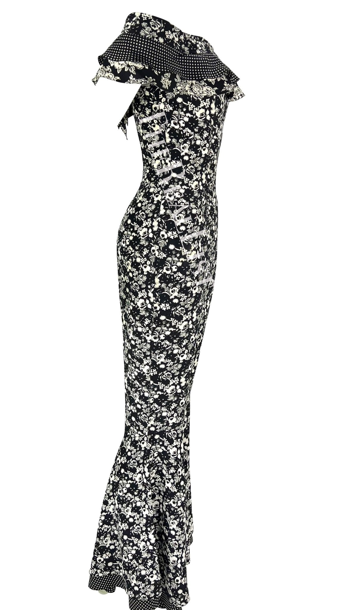 S/S 1993 Gianni Versace Black White Floral Flared Bell - Bottom Catsuit - RealList