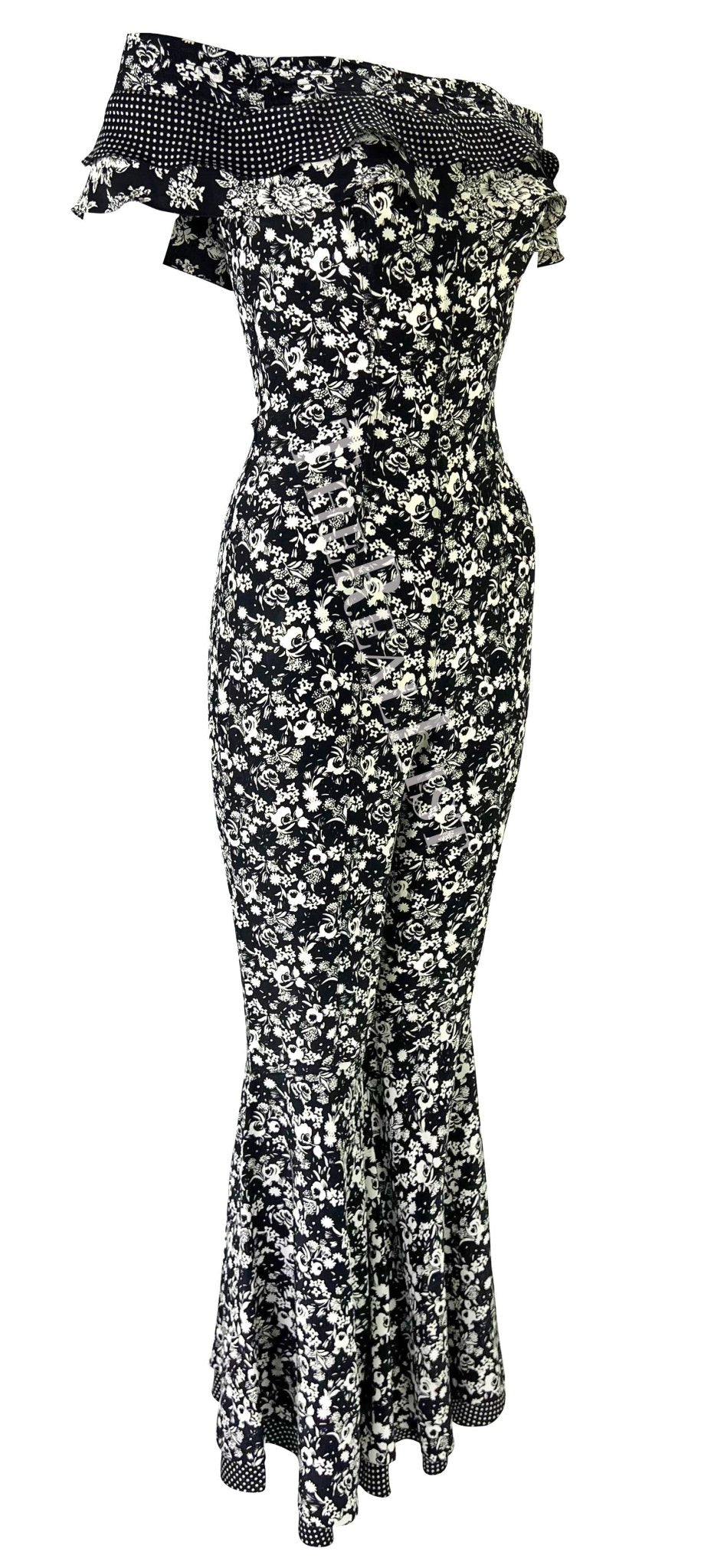 S/S 1993 Gianni Versace Black White Floral Flared Bell - Bottom Catsuit - RealList