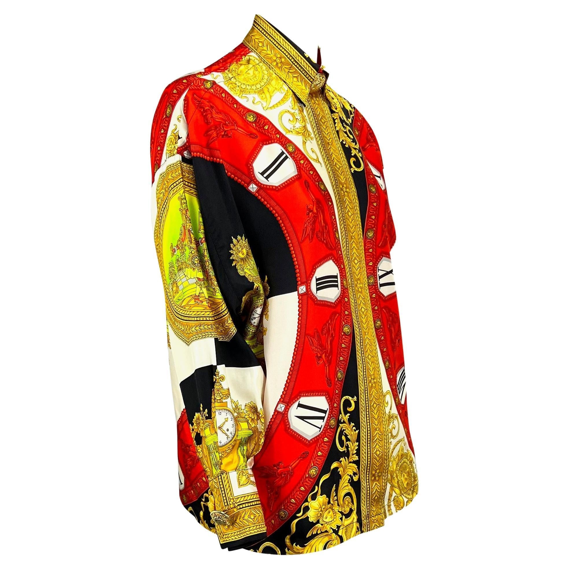 S/S 1993 Gianni Versace Couture Medusa Silk Baroque Horology Print Button Up Top - RealList
