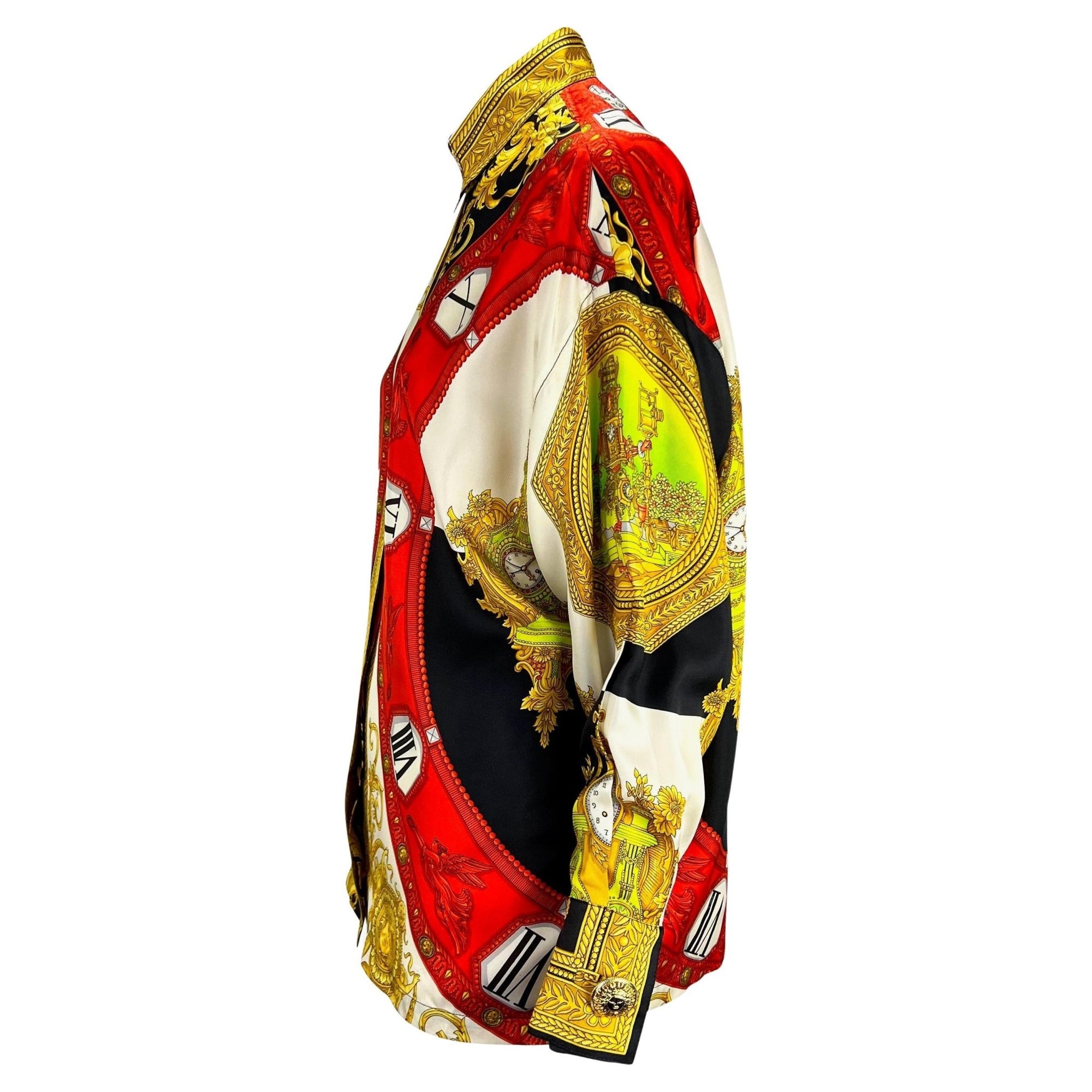 S/S 1993 Gianni Versace Couture Medusa Silk Baroque Horology Print Button Up Top - RealList
