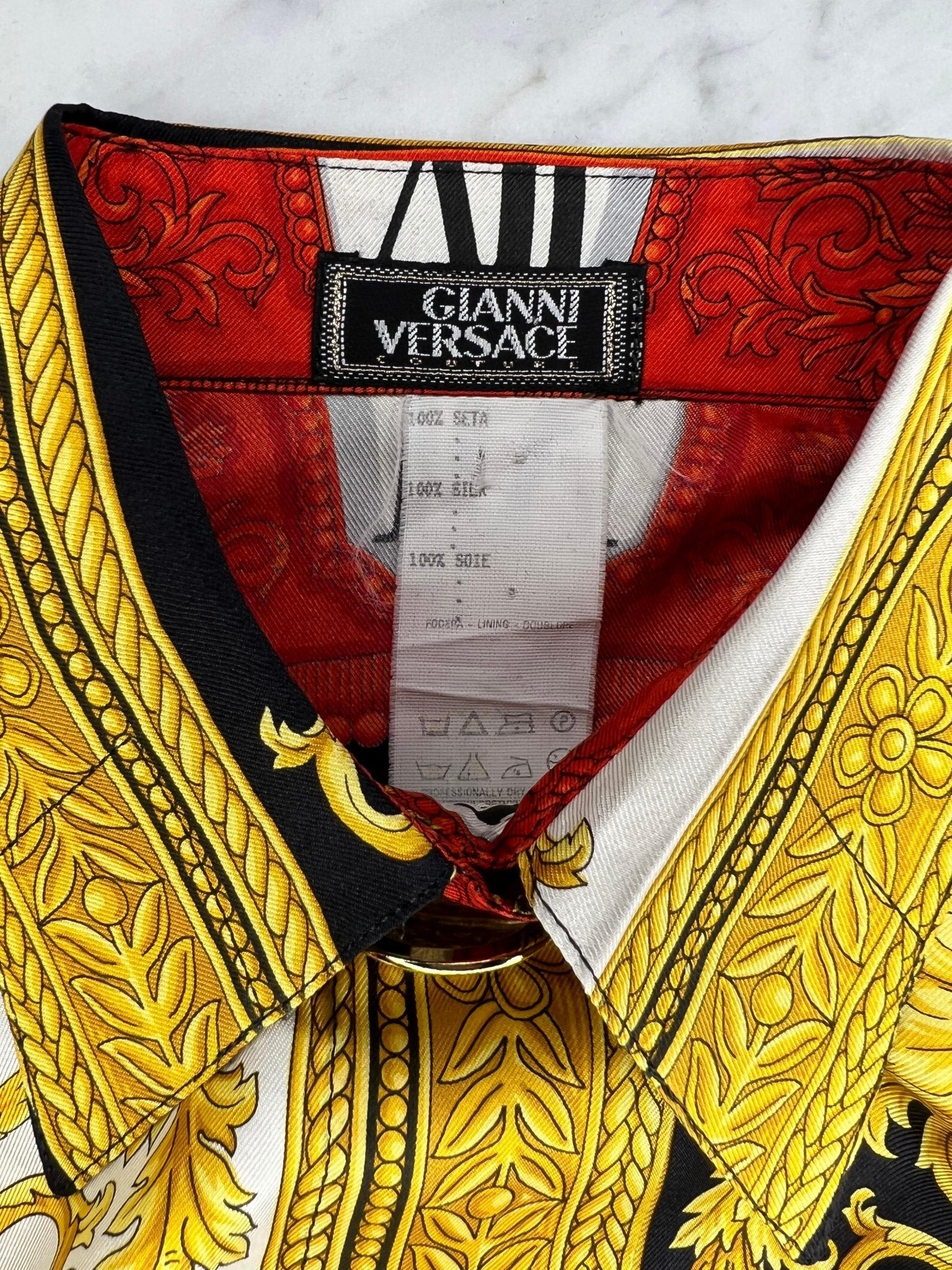 S/S 1993 Gianni Versace Couture Medusa Silk Baroque Horology Print Button Up Top - RealList