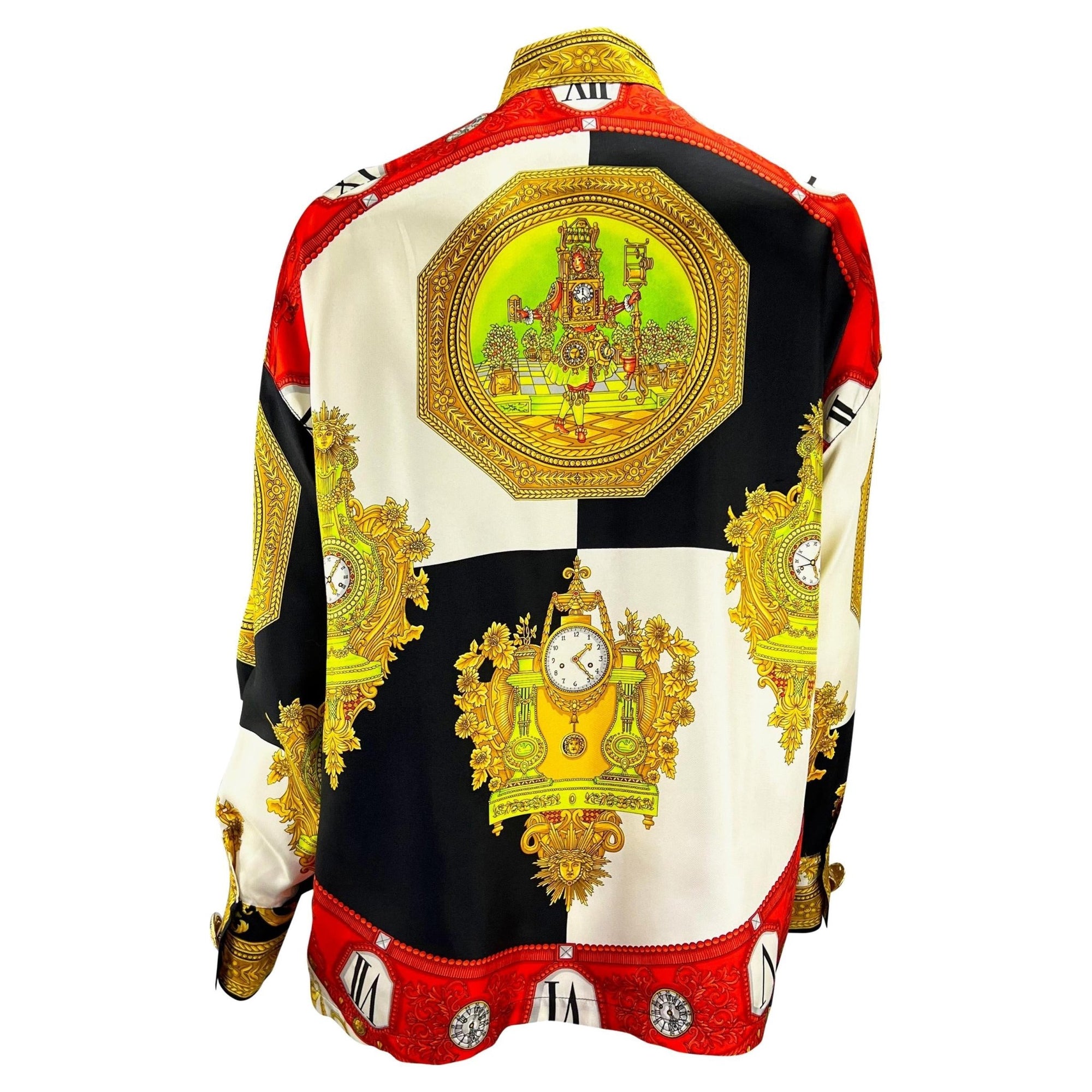 S/S 1993 Gianni Versace Couture Medusa Silk Baroque Horology Print Button Up Top - RealList