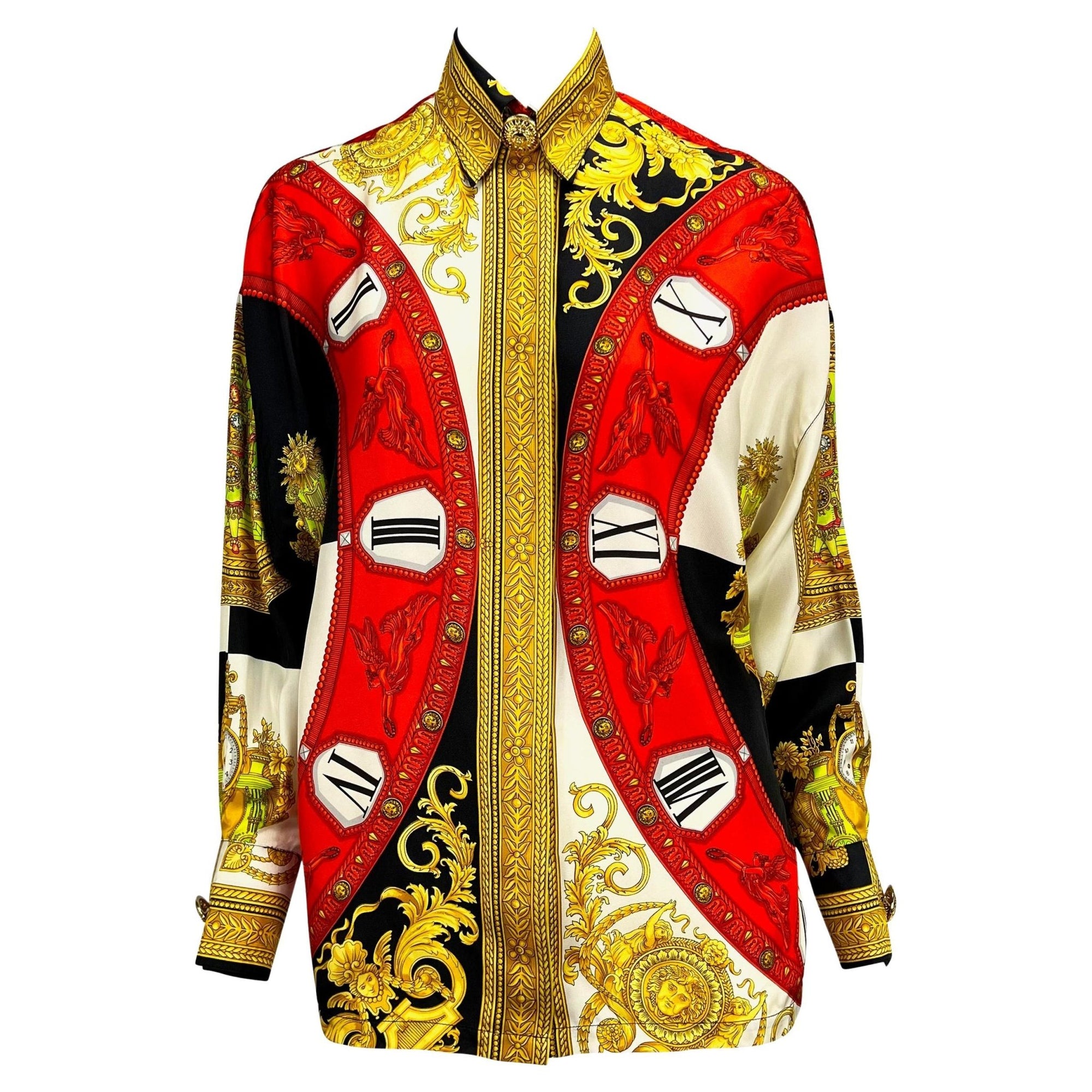 S/S 1993 Gianni Versace Couture Medusa Silk Baroque Horology Print Button Up Top - RealList