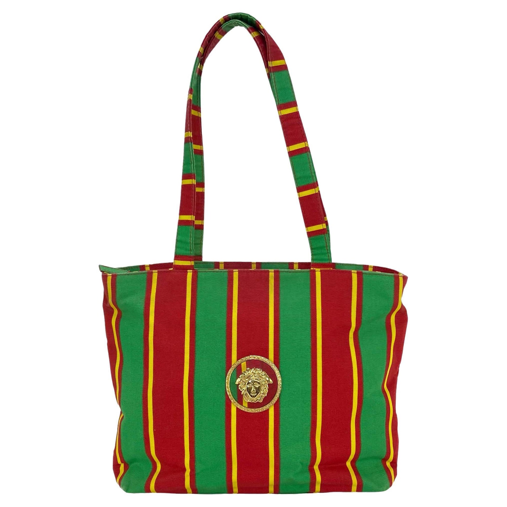 S/S 1993 Gianni Versace Couture Stripped Medusa Medallion Canvas Tote Runway - RealList