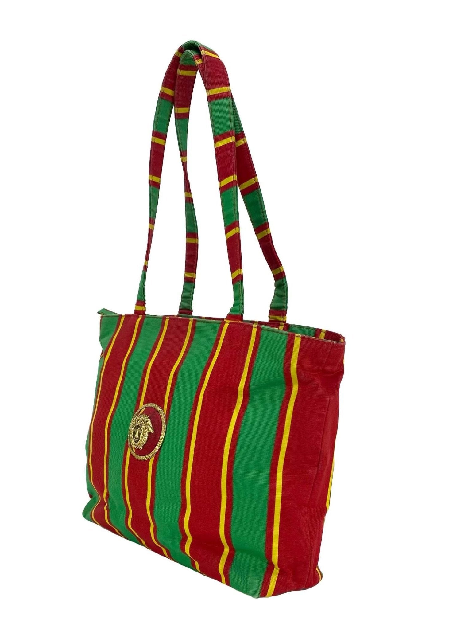 S/S 1993 Gianni Versace Couture Stripped Medusa Medallion Canvas Tote Runway - RealList