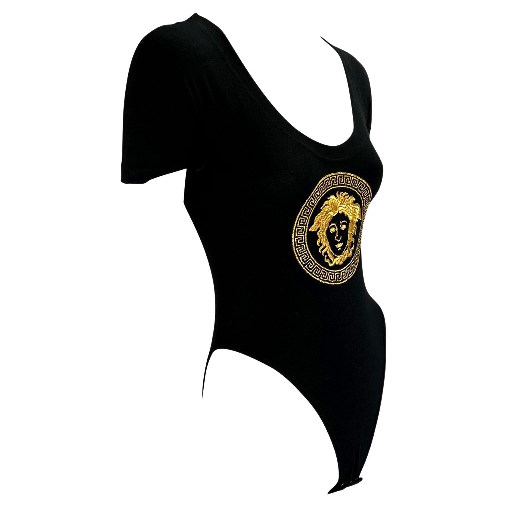 S/S 1993 Gianni Versace Gold Medusa Logo Embroidered Black Bodysuit - RealList