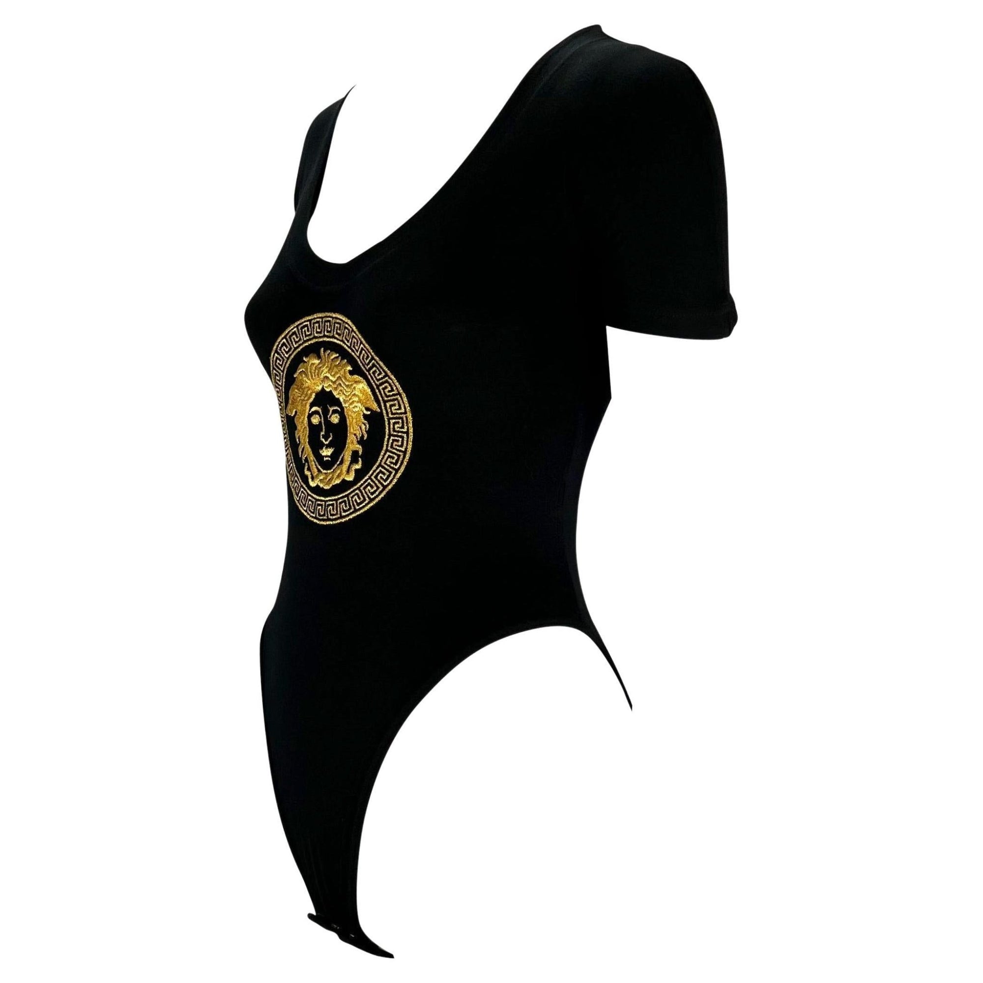 S/S 1993 Gianni Versace Gold Medusa Logo Embroidered Black Bodysuit - RealList