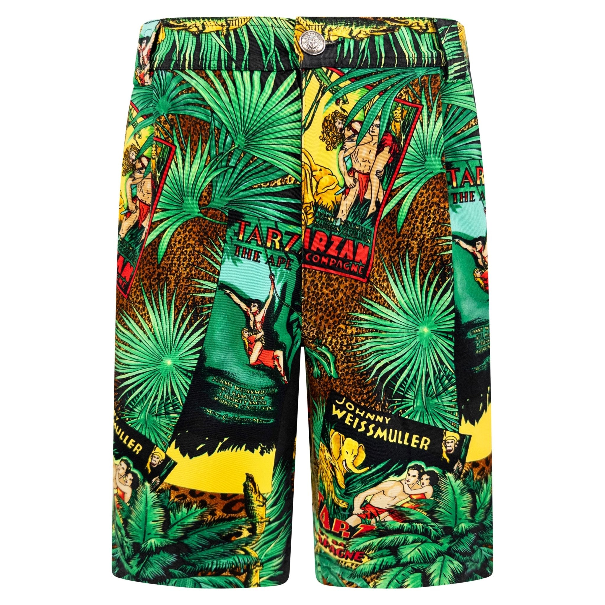 S/S 1993 Gianni Versace Men's Cotton Denim Tarzan Print Bermuda Shorts - RealList