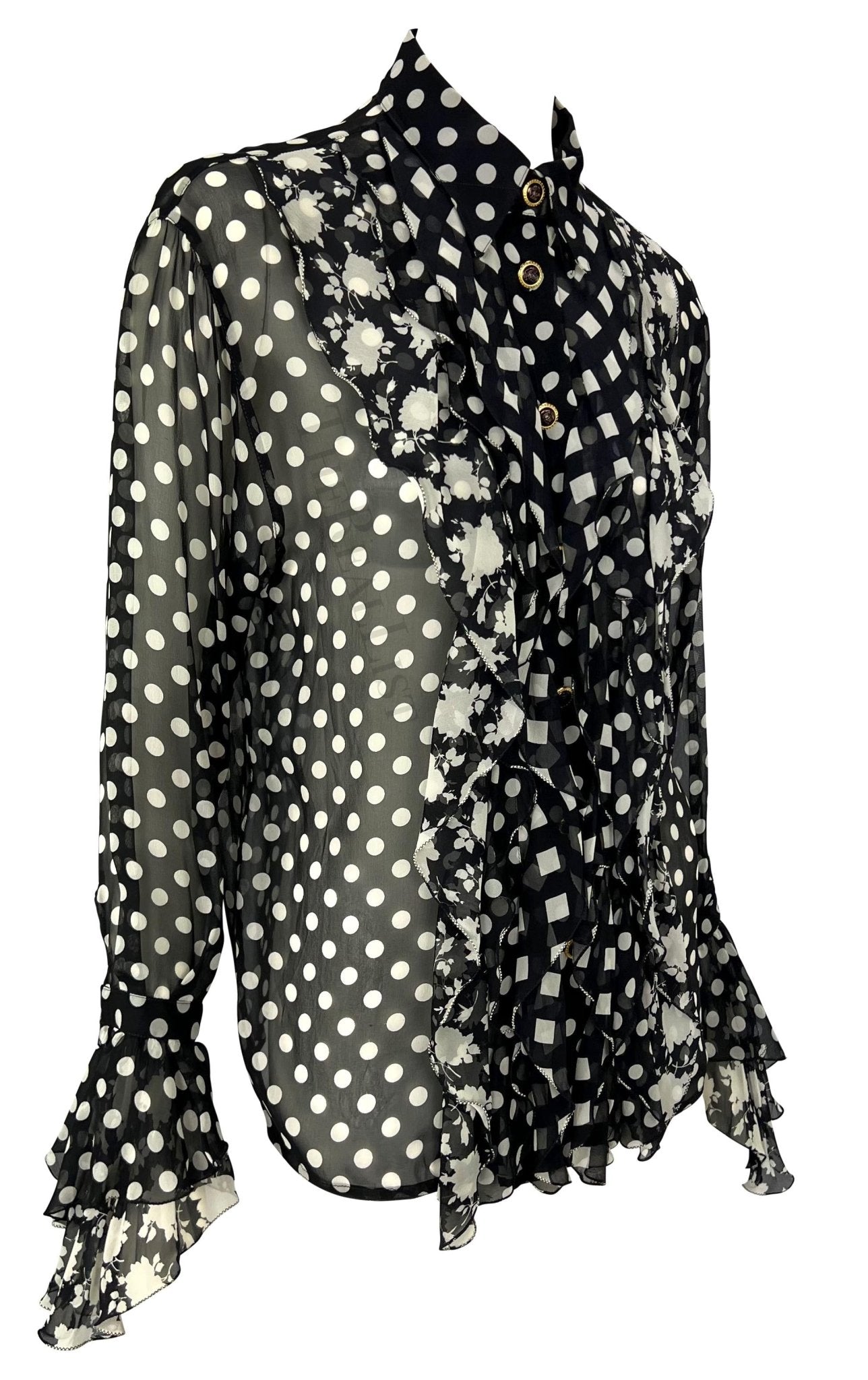 S/S 1993 Gianni Versace Runway Black White Sheer Polka Dot Floral Ruffle Button Up Top - RealList