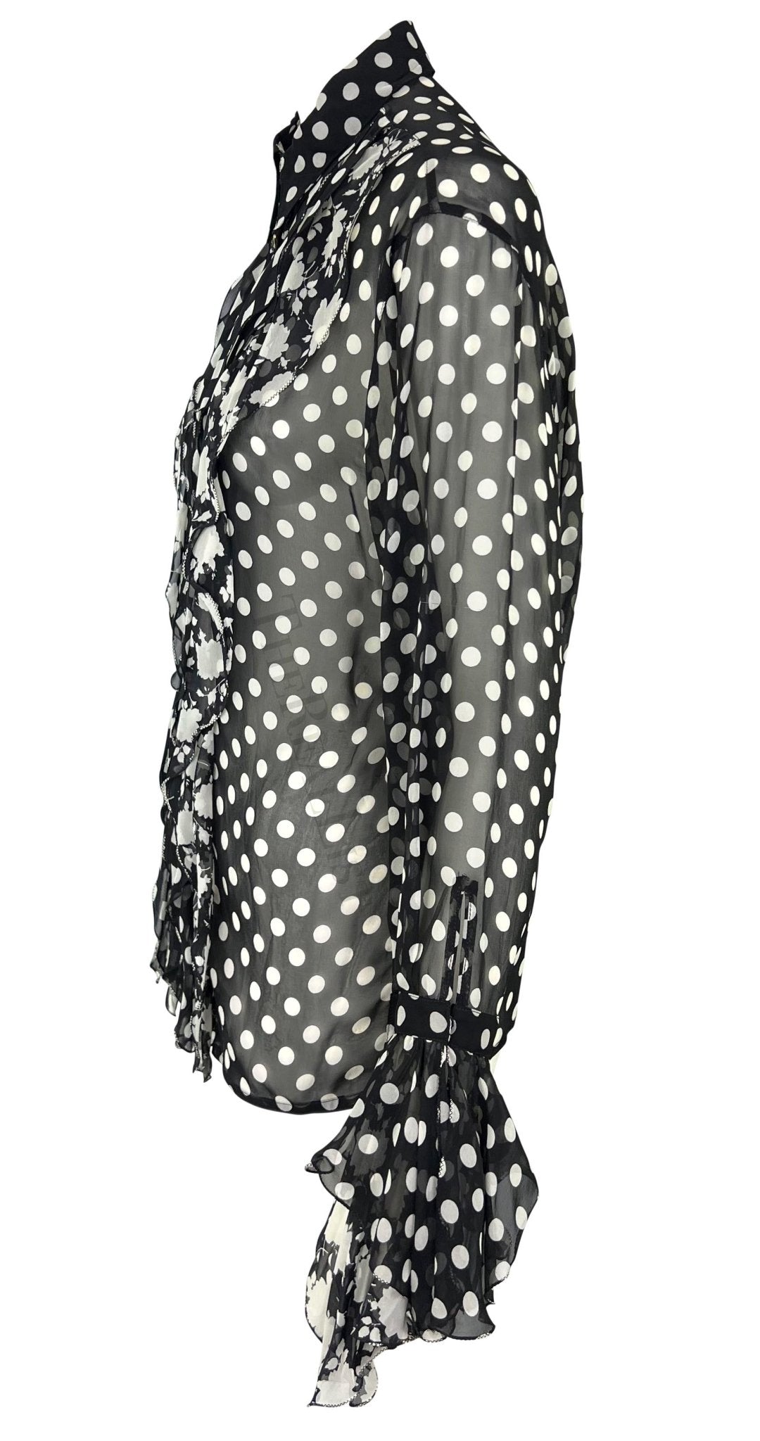 S/S 1993 Gianni Versace Runway Black White Sheer Polka Dot Floral Ruffle Button Up Top - RealList