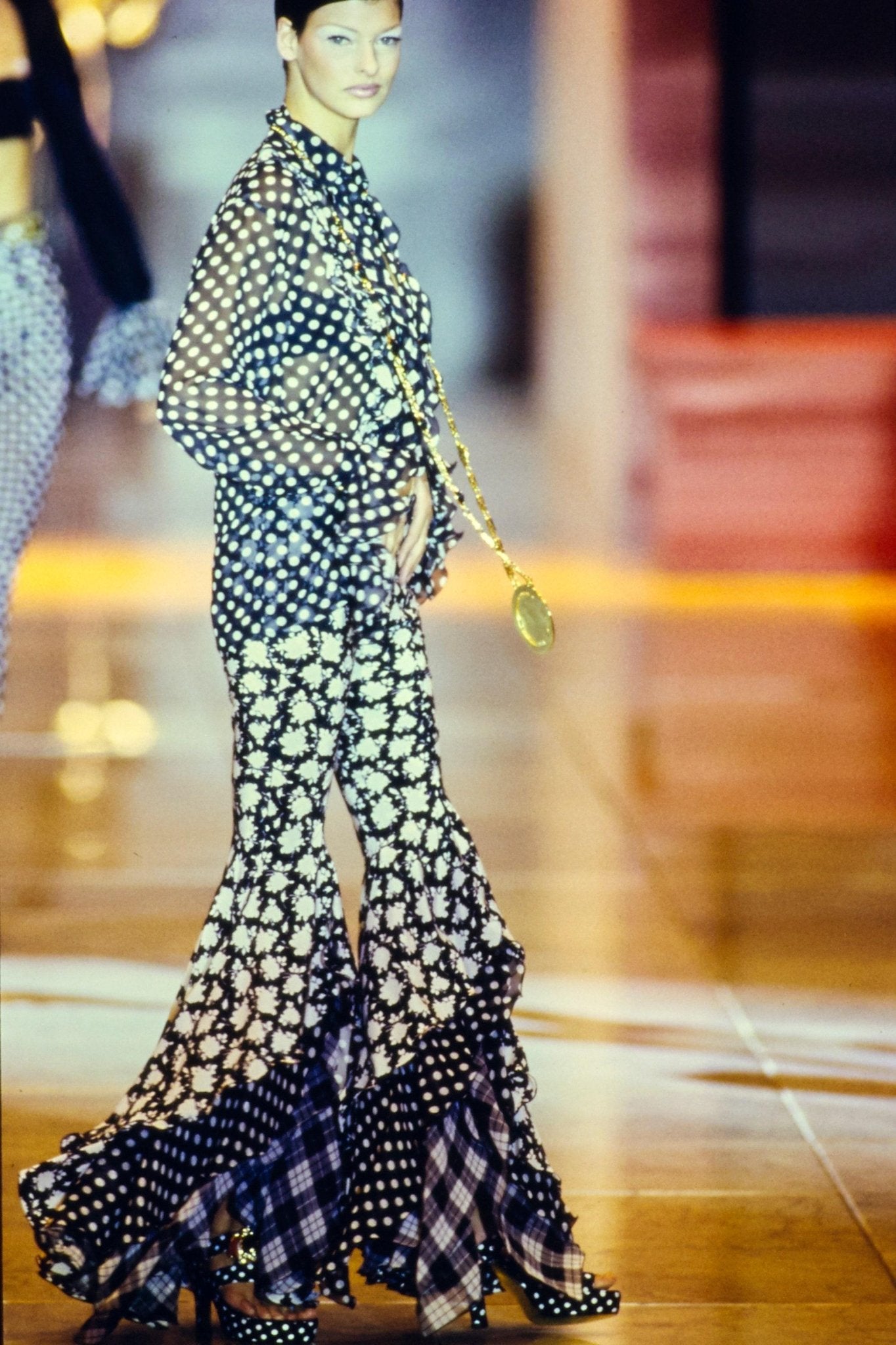 S/S 1993 Gianni Versace Runway Black White Sheer Polka Dot Floral Ruffle Button Up Top - RealList