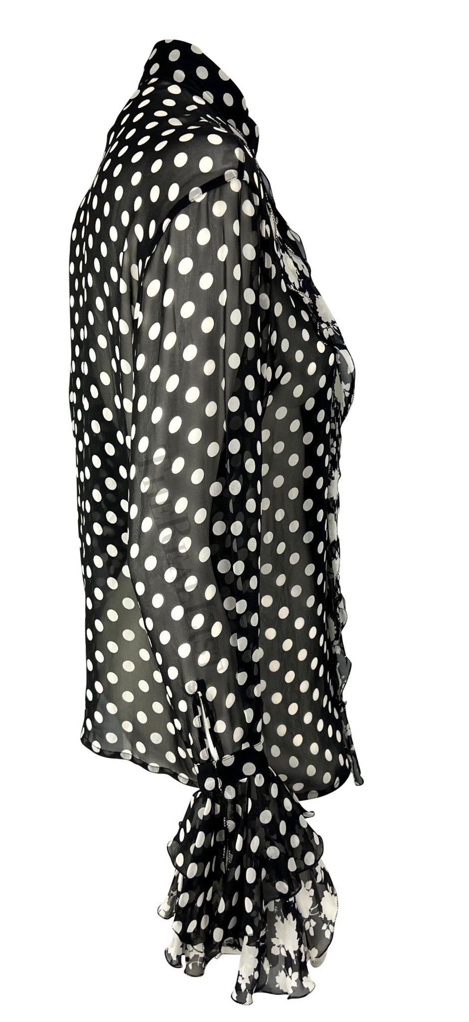 S/S 1993 Gianni Versace Runway Black White Sheer Polka Dot Floral Ruffle Button Up Top - RealList