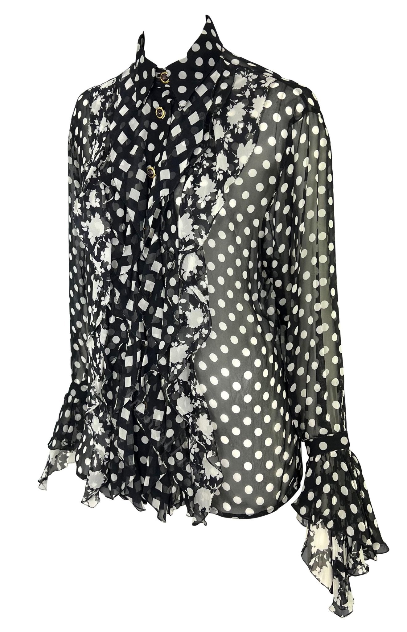 S/S 1993 Gianni Versace Runway Black White Sheer Polka Dot Floral Ruffle Button Up Top - RealList