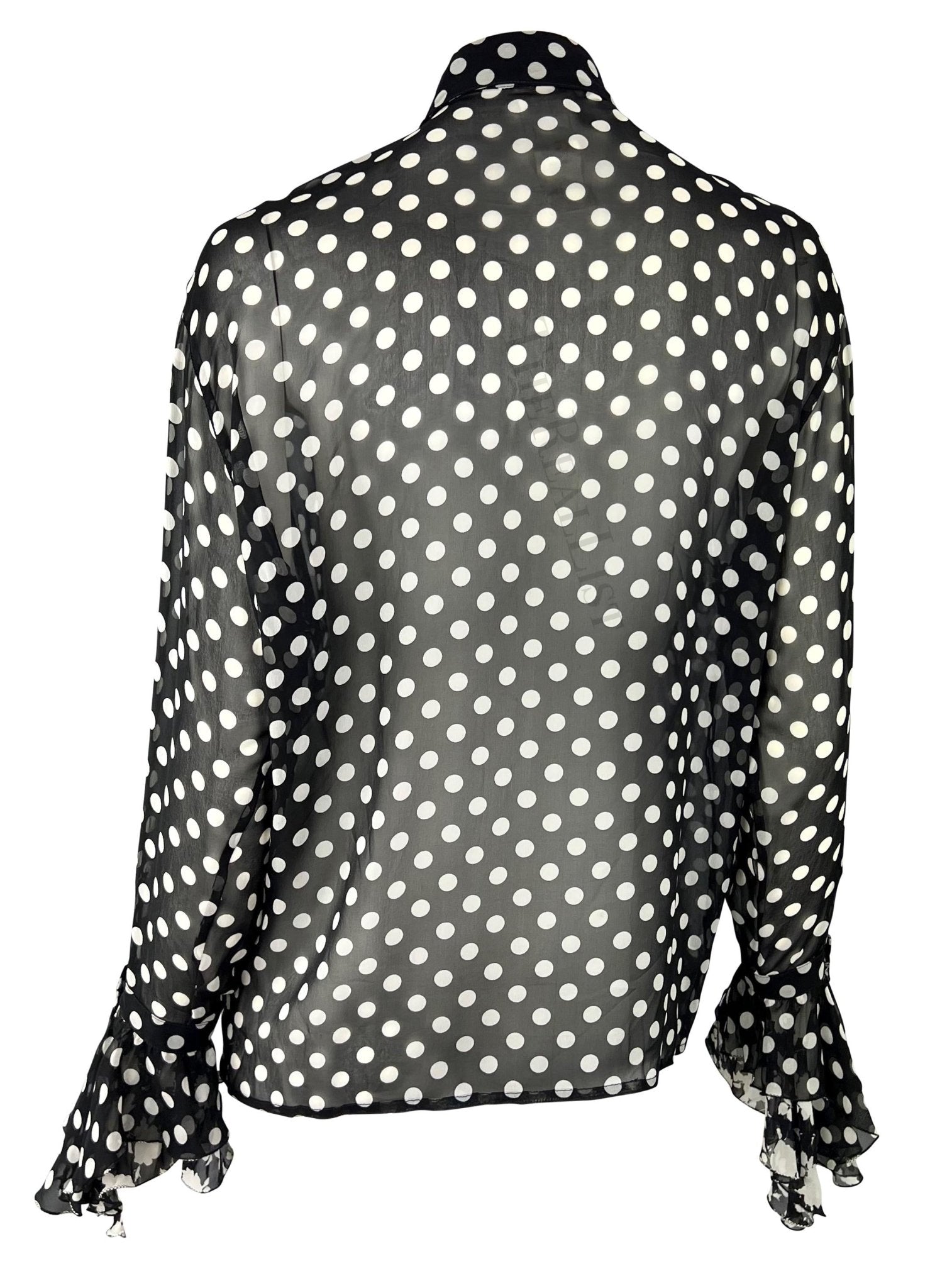 S/S 1993 Gianni Versace Runway Black White Sheer Polka Dot Floral Ruffle Button Up Top - RealList