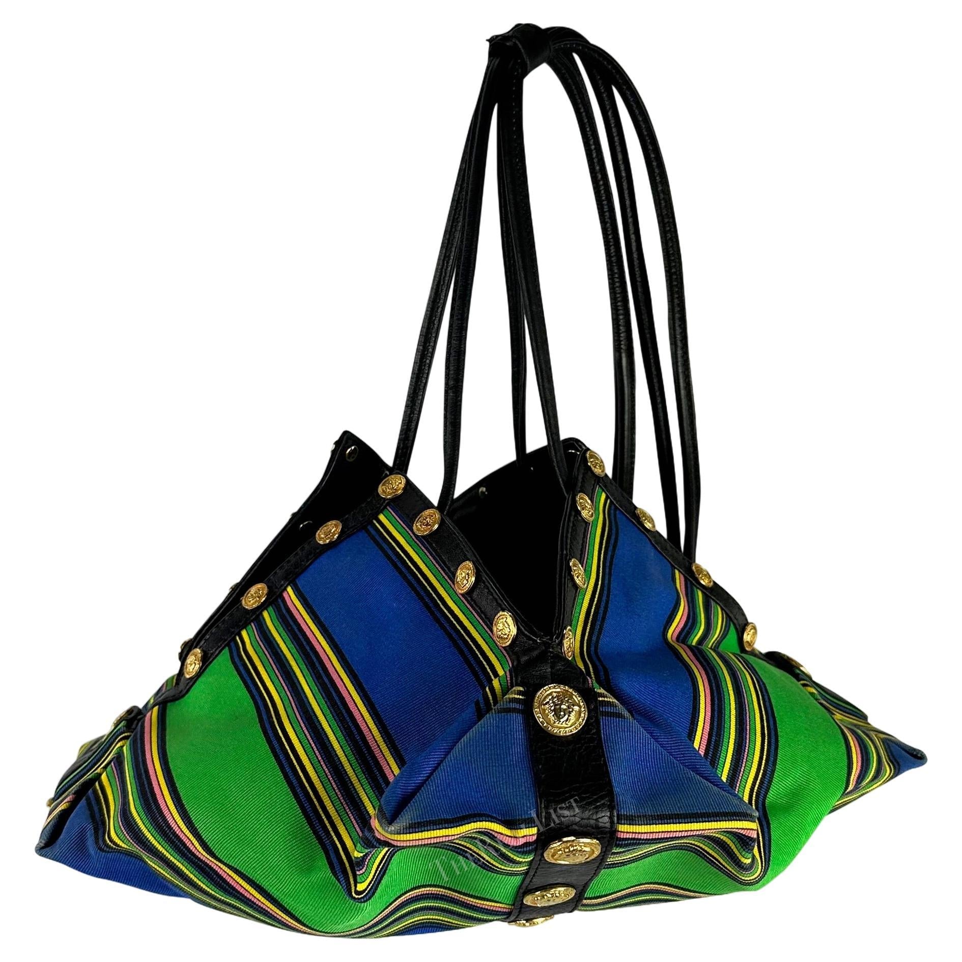 S/S 1993 Gianni Versace Runway Medusa Medallion Blue Striped Drawstring Bag - RealList