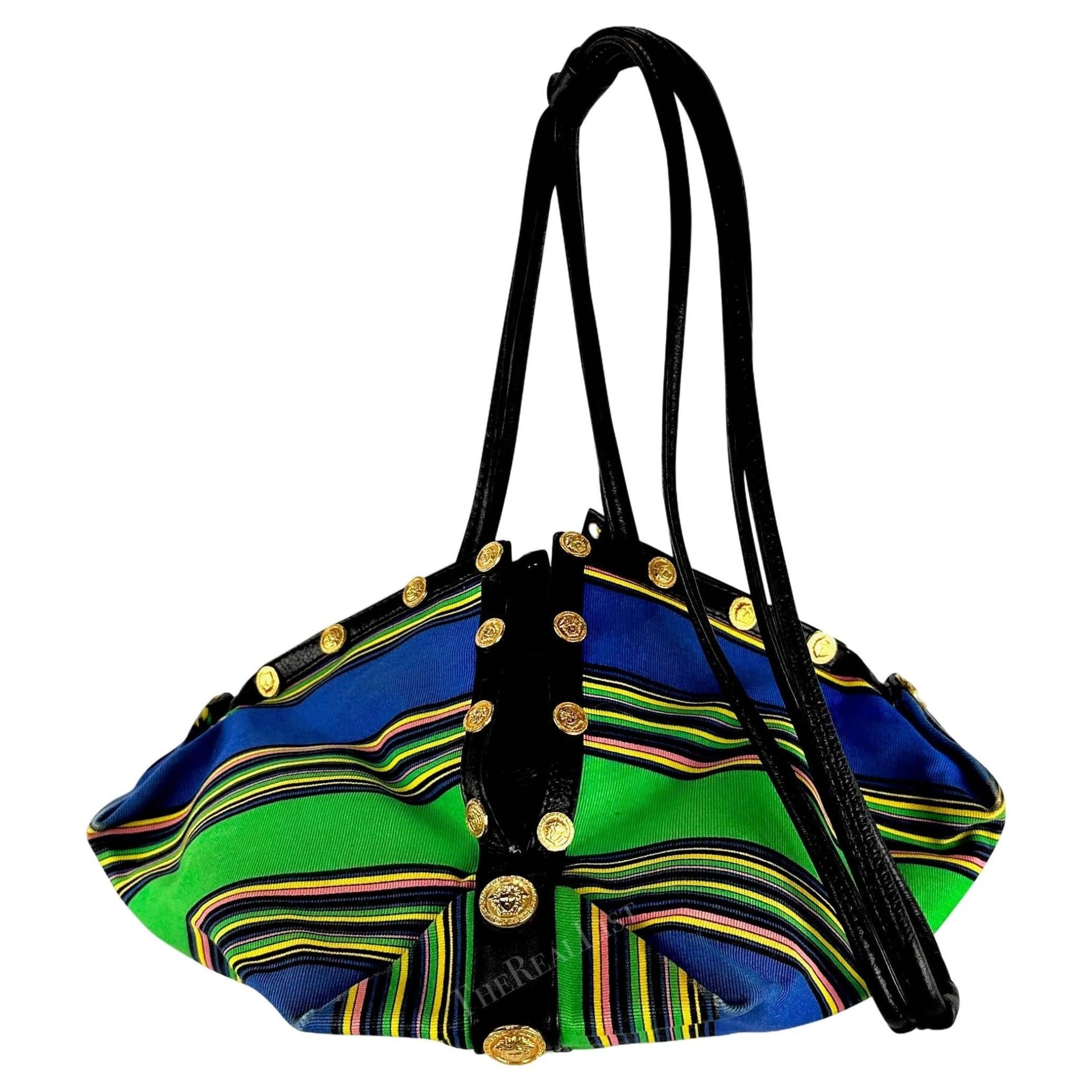 S/S 1993 Gianni Versace Runway Medusa Medallion Blue Striped Drawstring Bag - RealList
