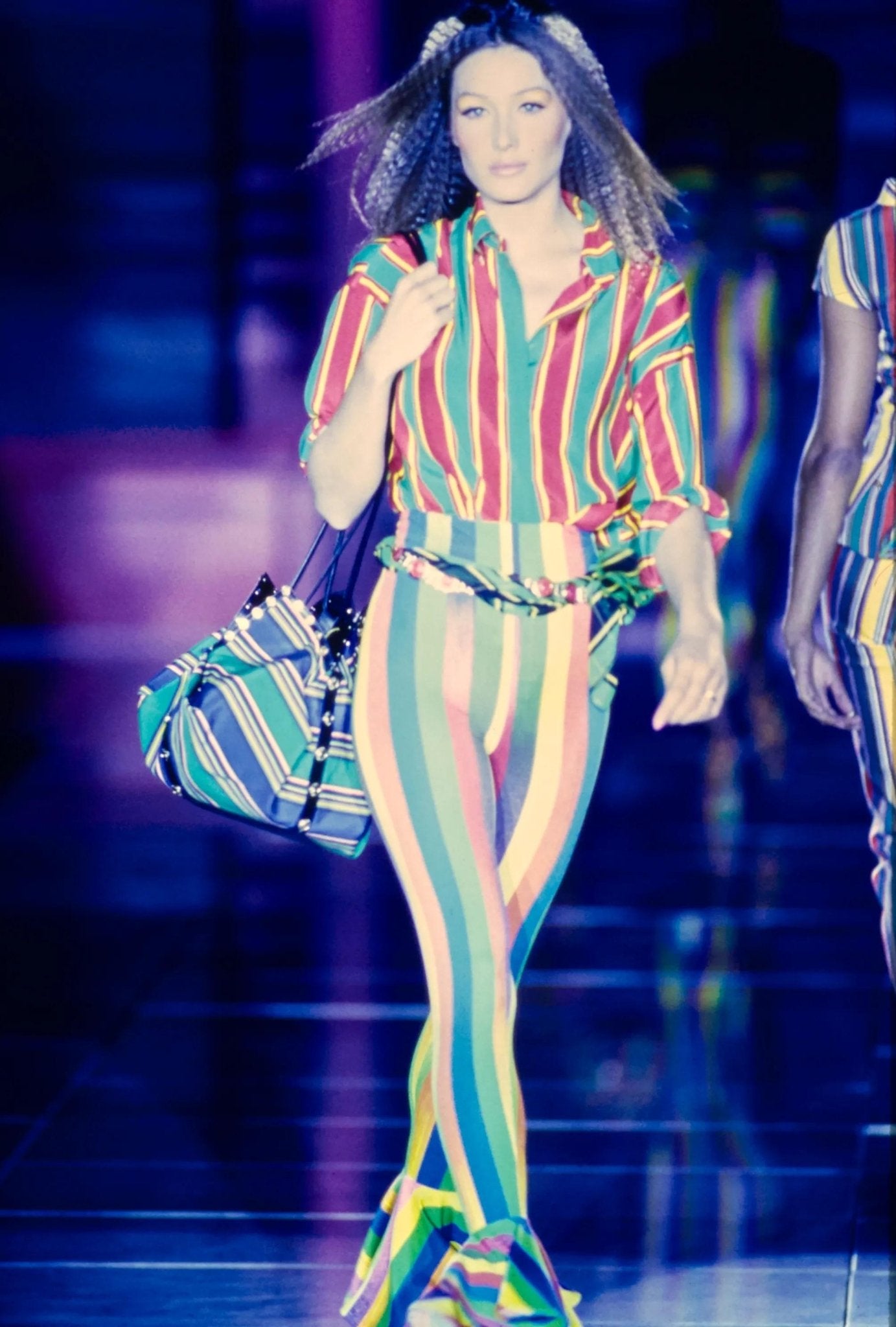 S/S 1993 Gianni Versace Runway Medusa Medallion Blue Striped Drawstring Bag - RealList