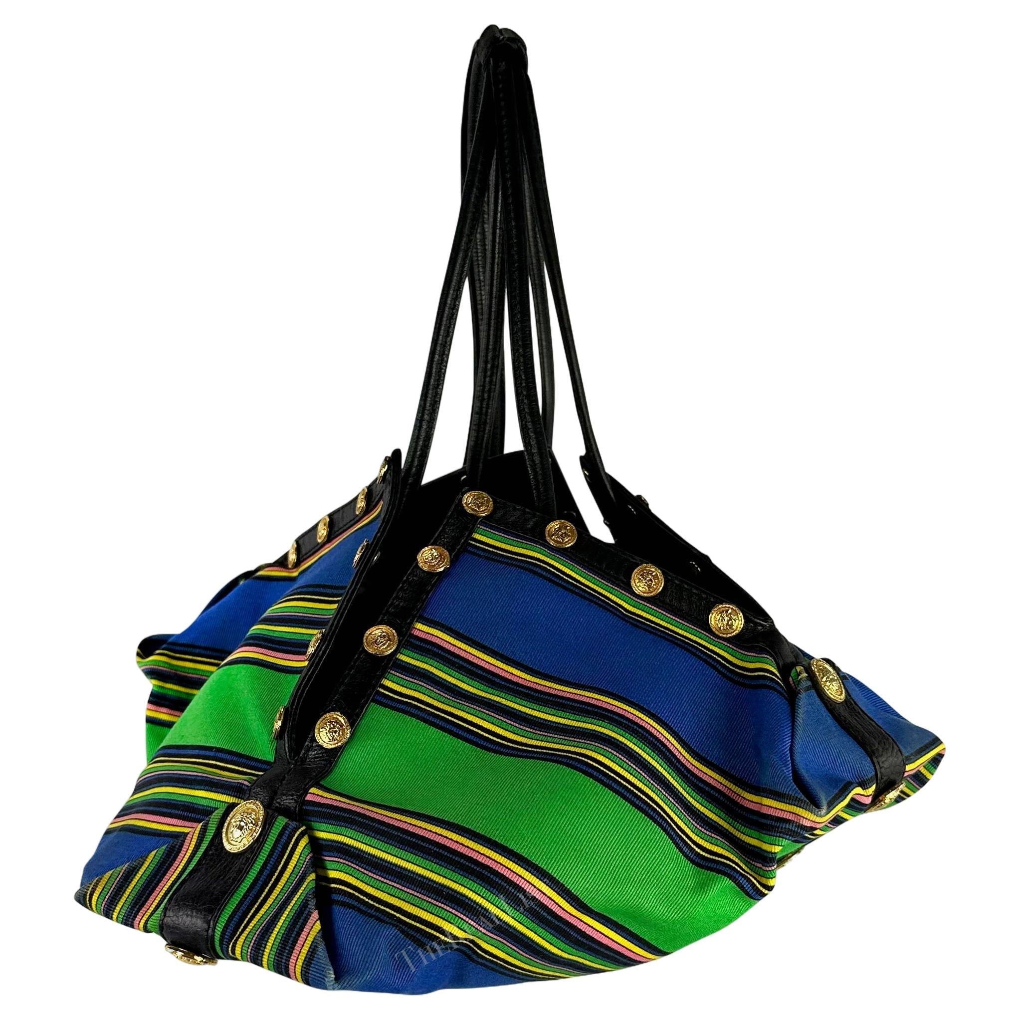S/S 1993 Gianni Versace Runway Medusa Medallion Blue Striped Drawstring Bag - RealList