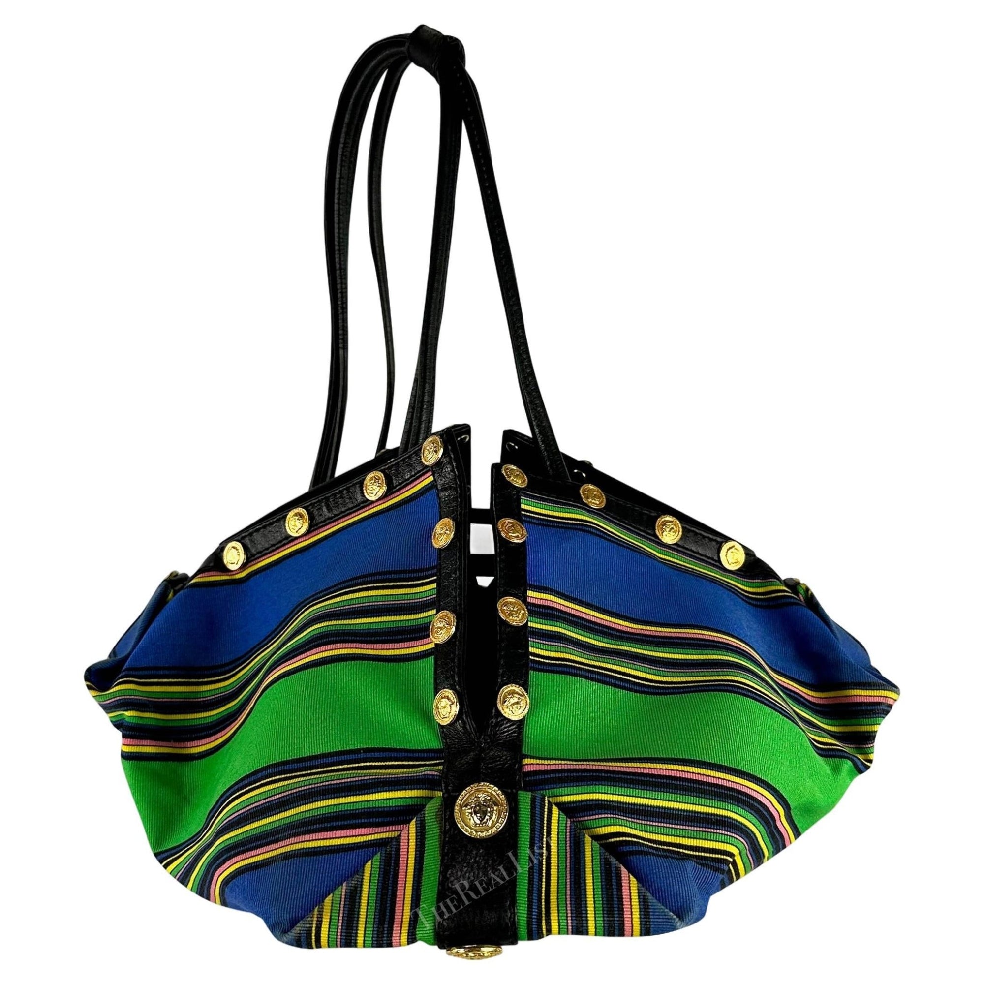 S/S 1993 Gianni Versace Runway Medusa Medallion Blue Striped Drawstring Bag - RealList