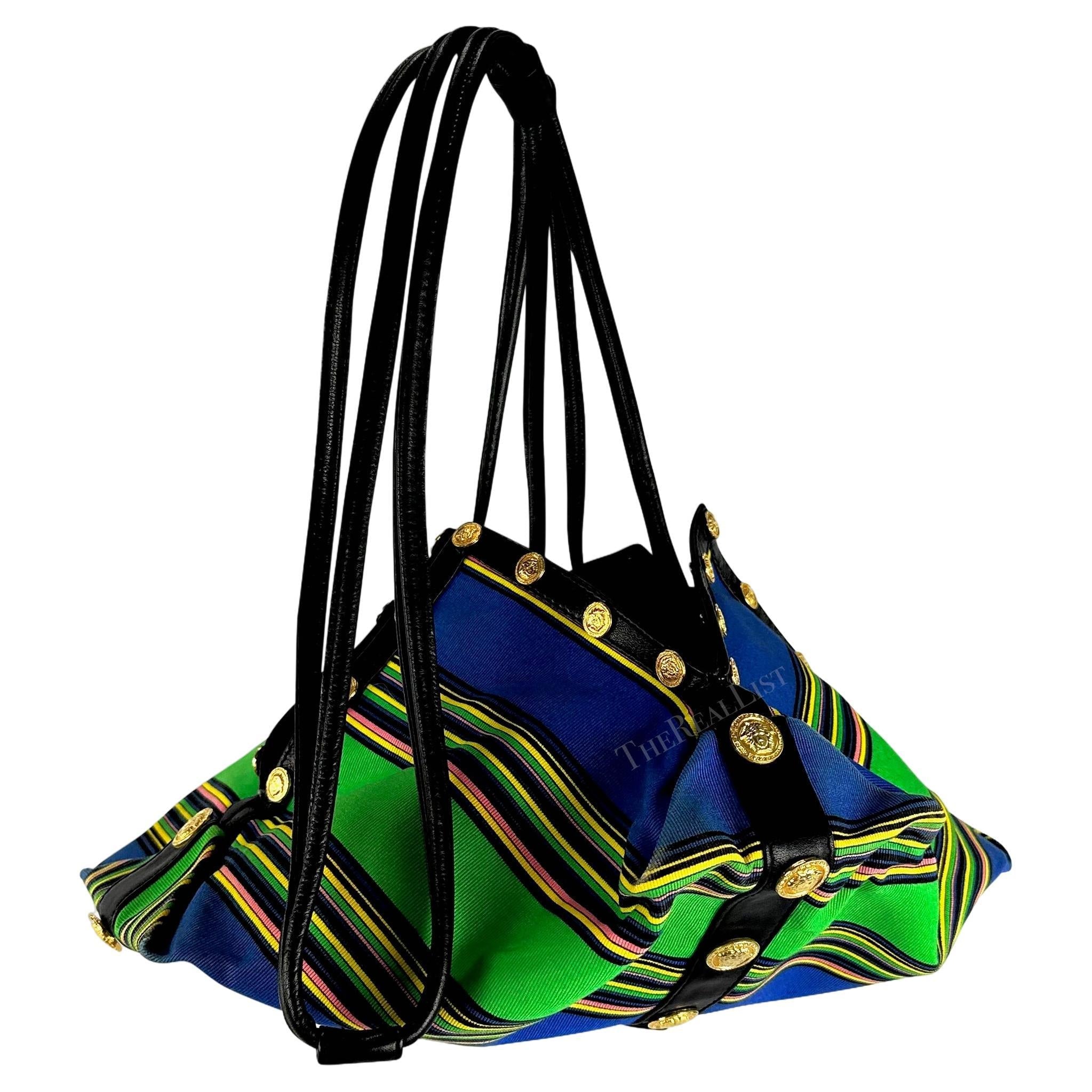 S/S 1993 Gianni Versace Runway Medusa Medallion Blue Striped Drawstring Bag - RealList