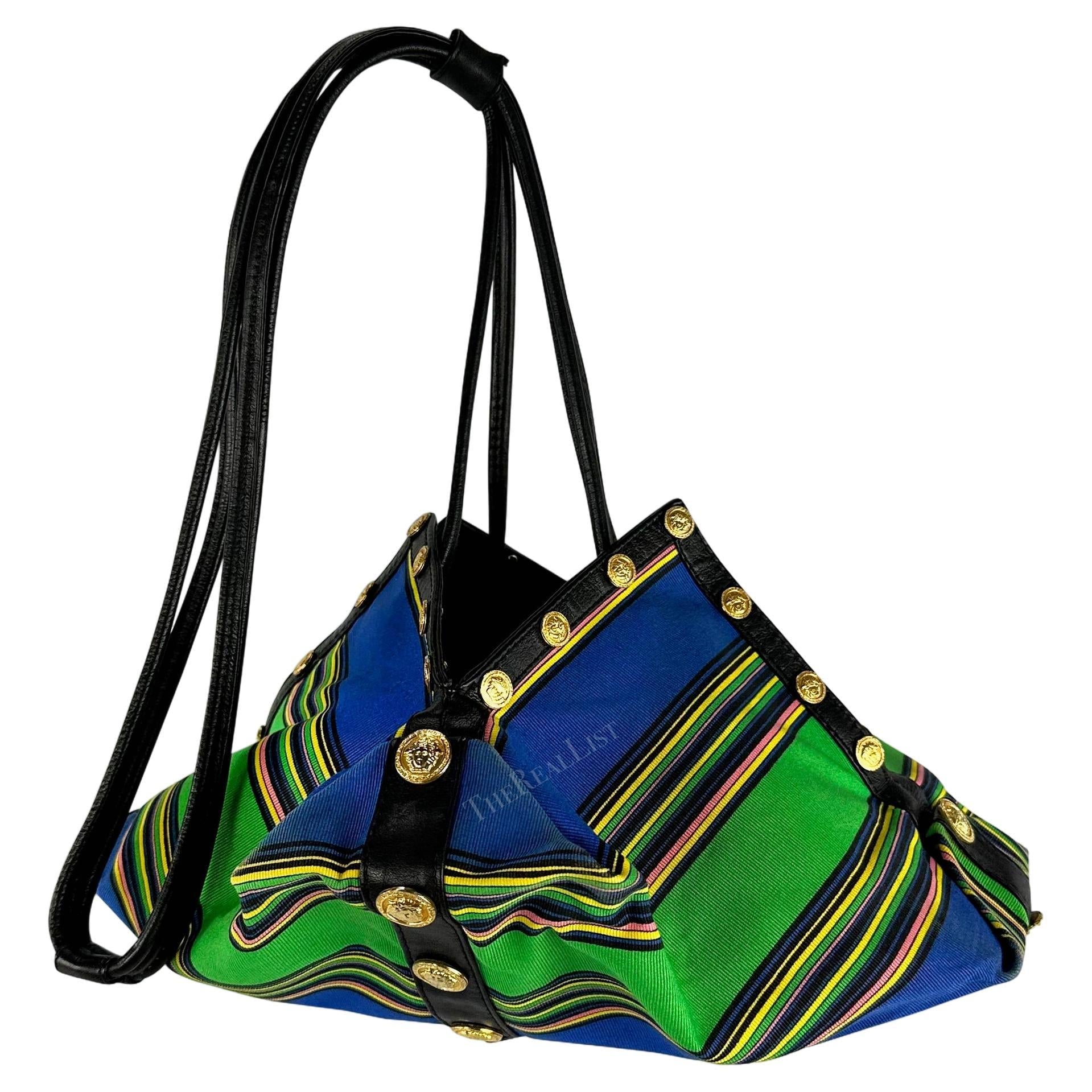 S/S 1993 Gianni Versace Runway Medusa Medallion Blue Striped Drawstring Bag - RealList