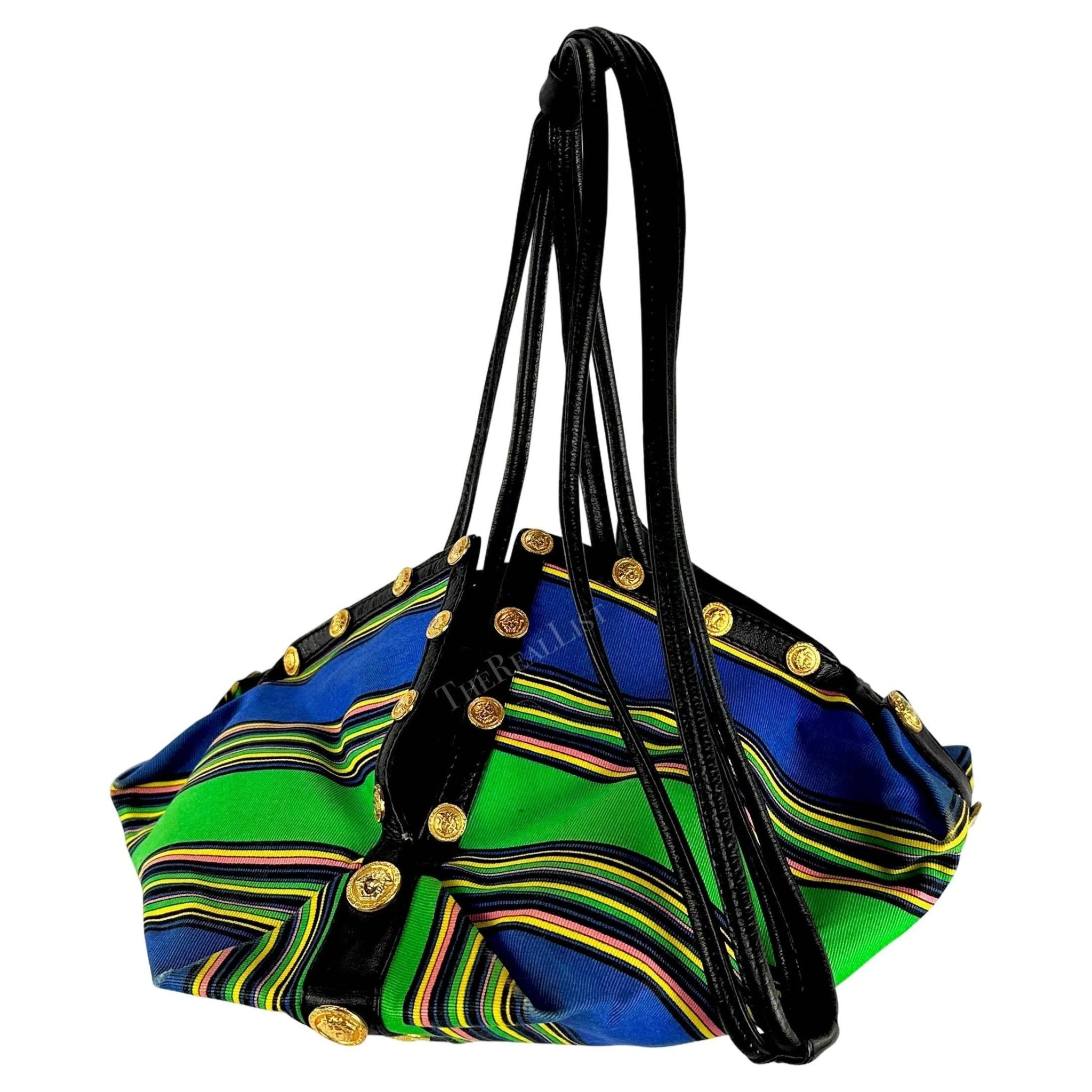 S/S 1993 Gianni Versace Runway Medusa Medallion Blue Striped Drawstring Bag - RealList