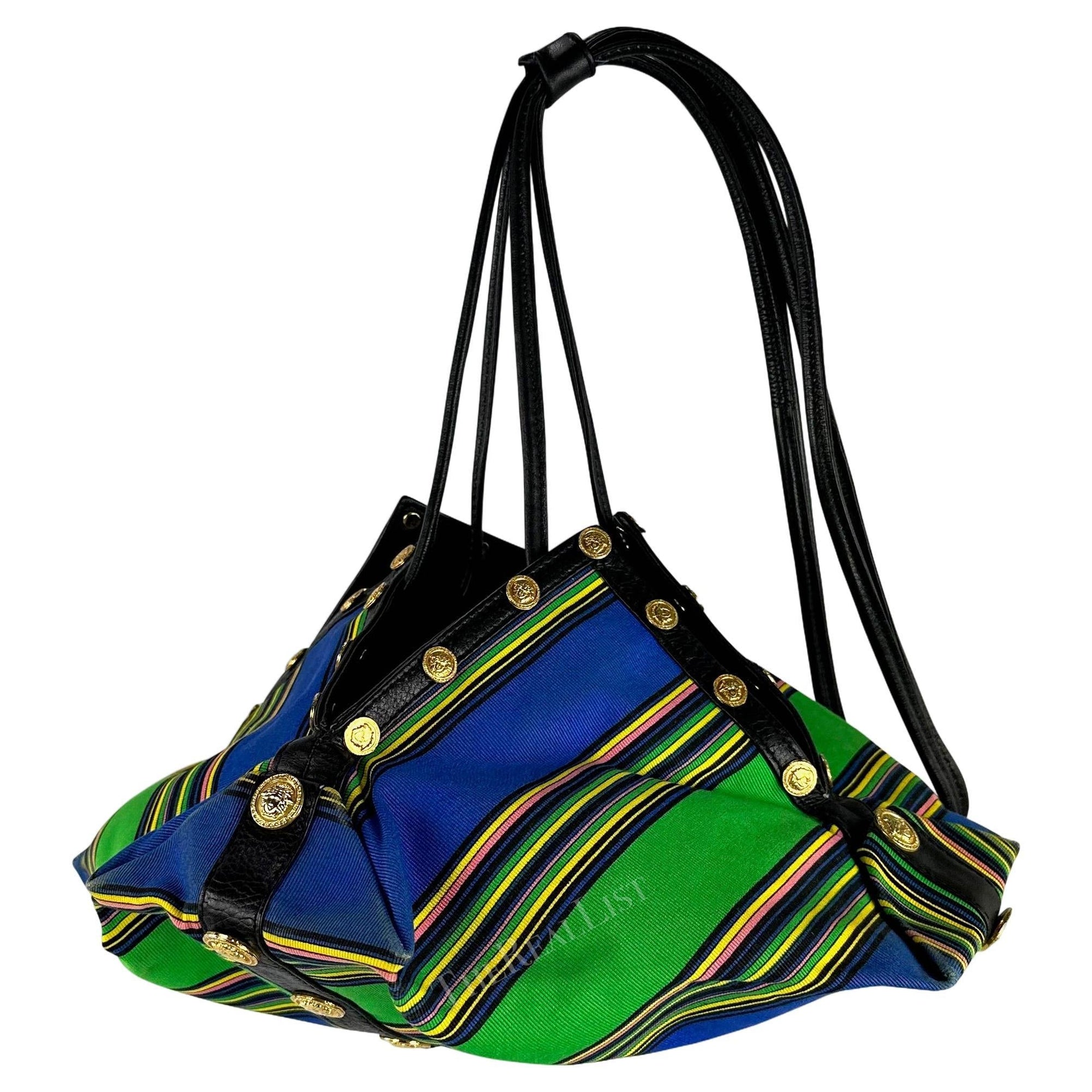 S/S 1993 Gianni Versace Runway Medusa Medallion Blue Striped Drawstring Bag - RealList