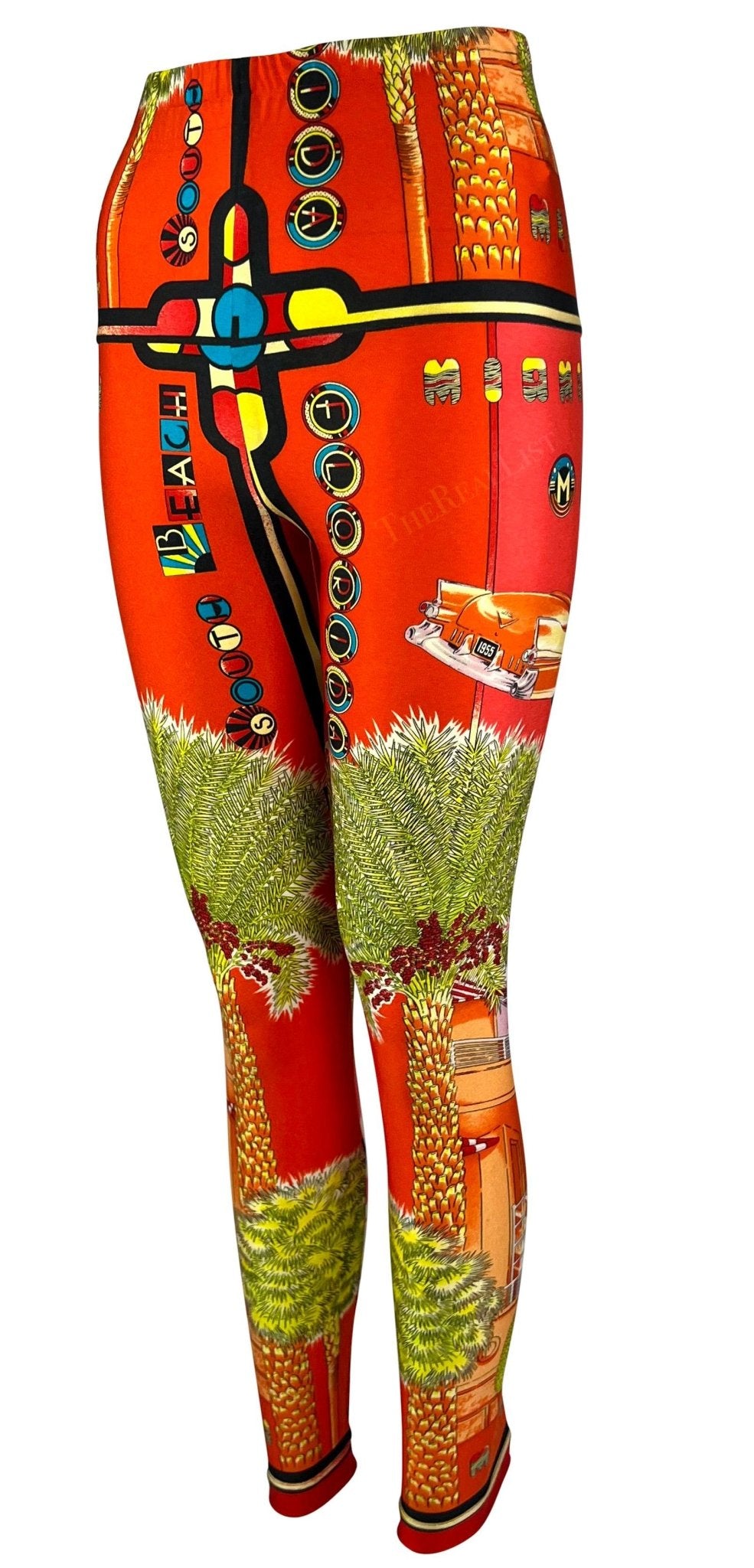 S/S 1993 Gianni Versace South Beach Miami Sunset Orange Red Florida Print Tights - RealList