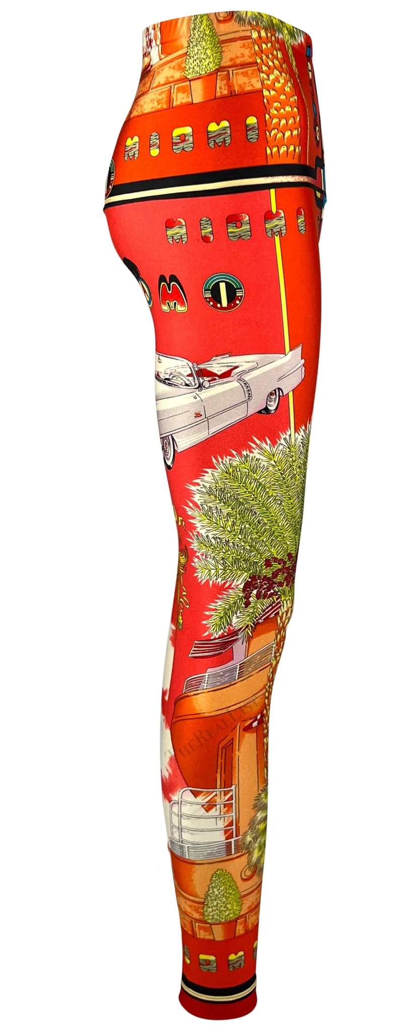 S/S 1993 Gianni Versace South Beach Miami Sunset Orange Red Florida Print Tights - RealList