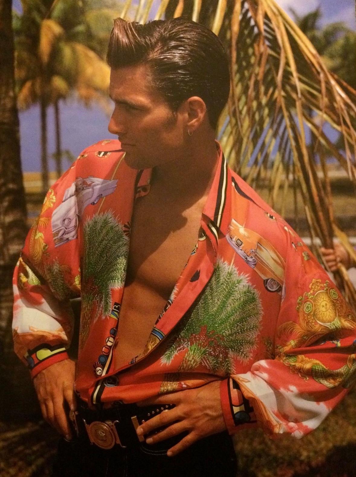 S/S 1993 Gianni Versace South Beach Miami Sunset Orange Red Florida Print Tights - RealList