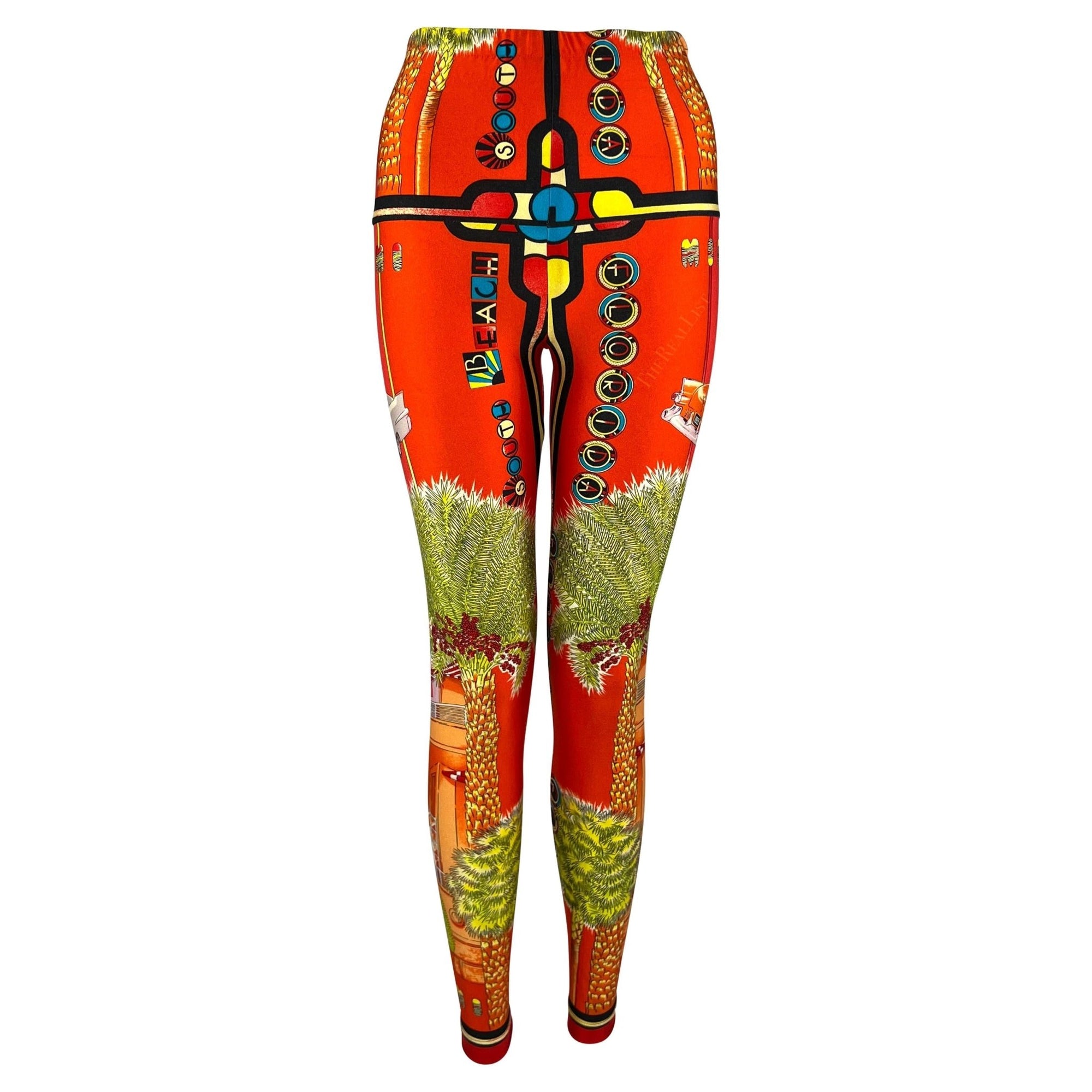 S/S 1993 Gianni Versace South Beach Miami Sunset Orange Red Florida Print Tights - RealList