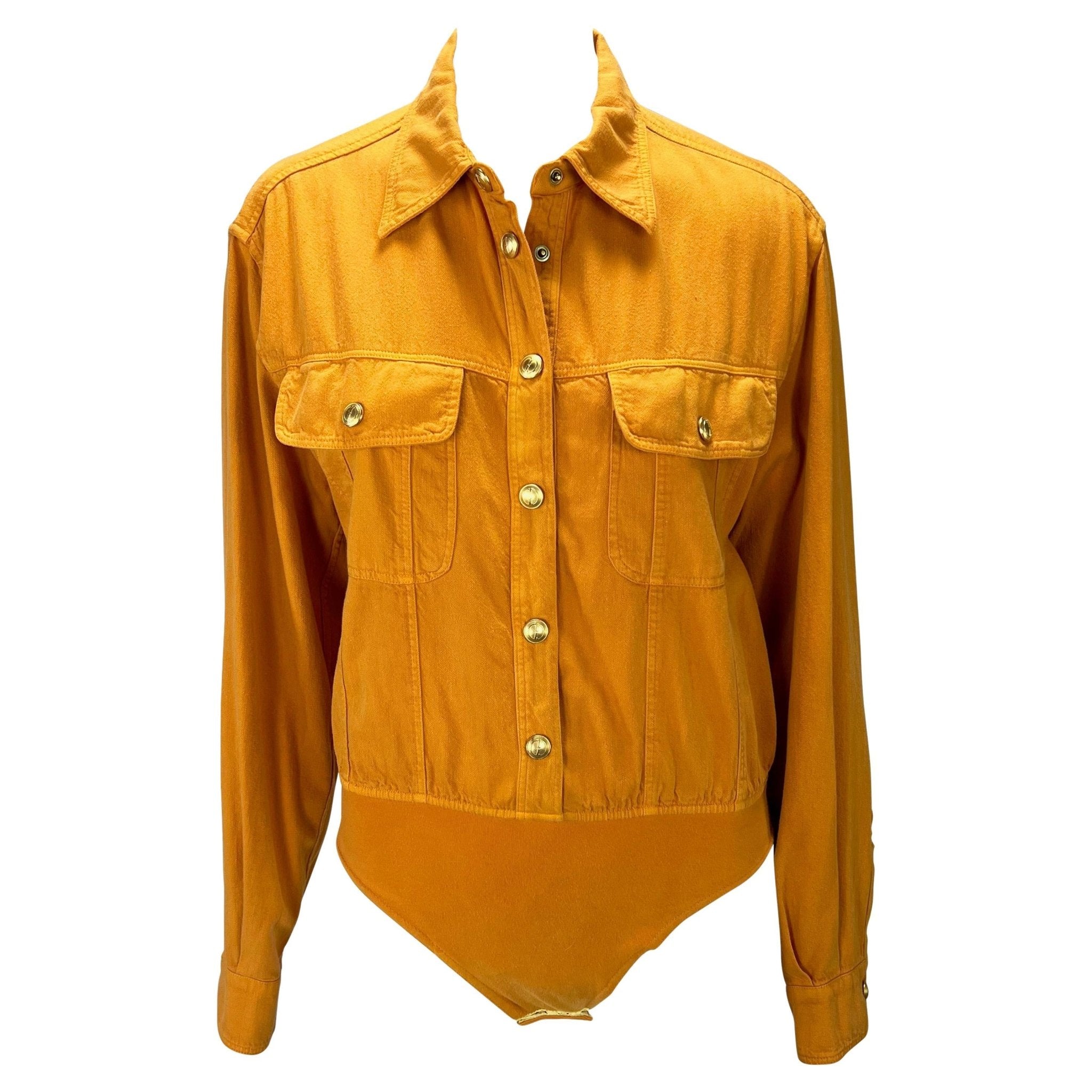 S/S 1993 Gucci Gold GG Snap Pocket Orange Cotton Twill Leotard Shirt - RealList