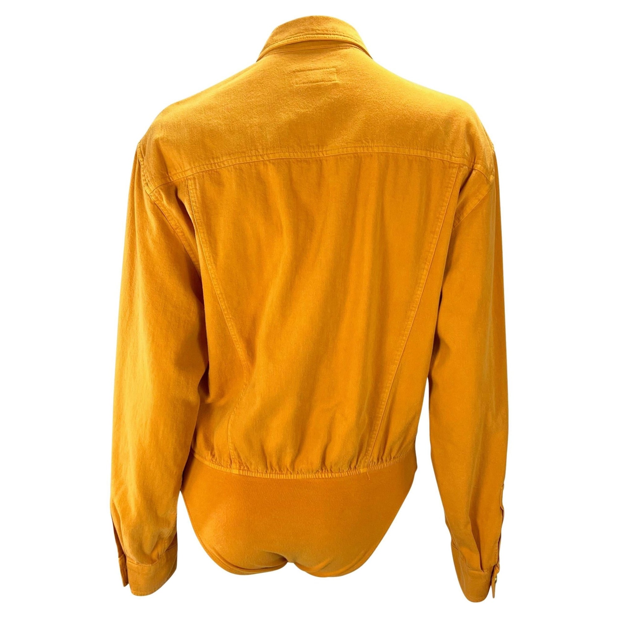 S/S 1993 Gucci Gold GG Snap Pocket Orange Cotton Twill Leotard Shirt - RealList