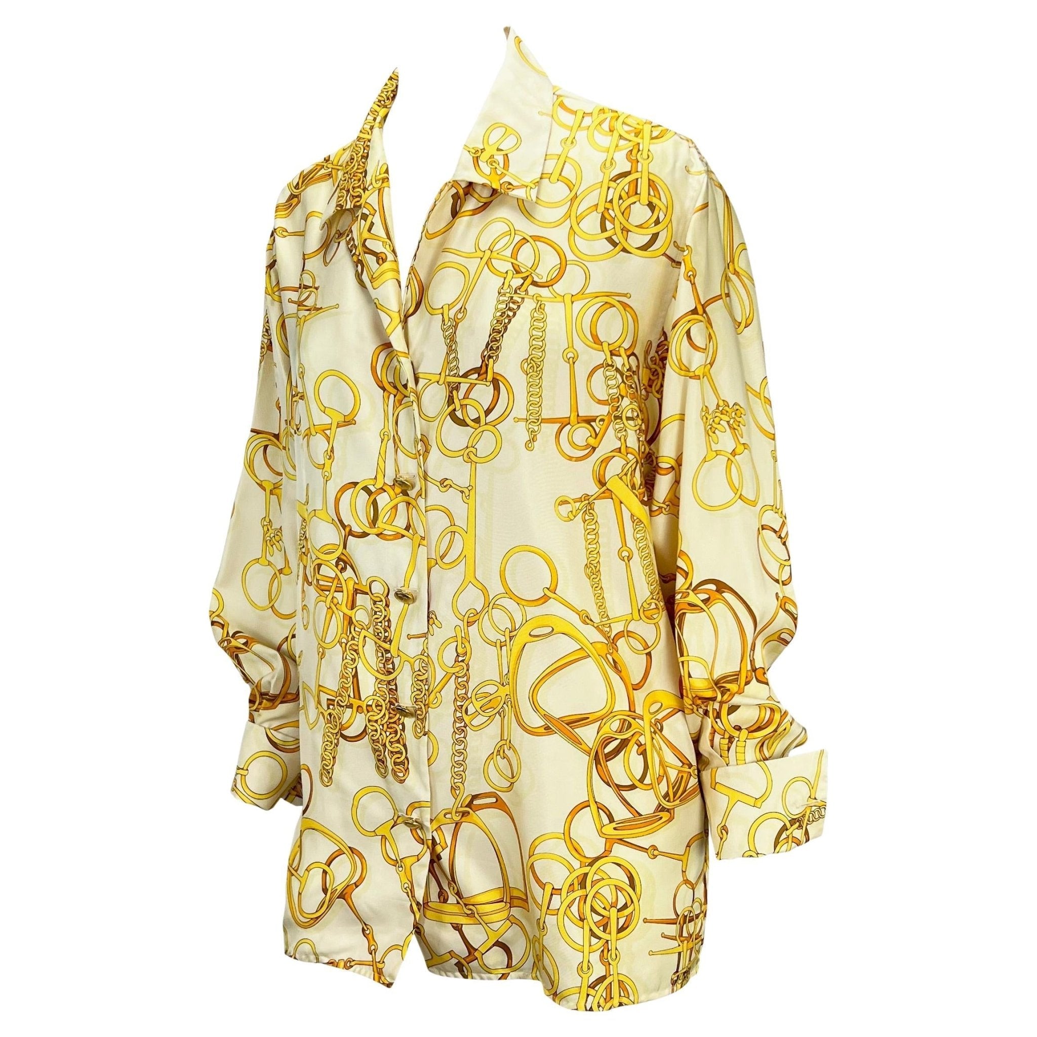 S/S 1993 Gucci White and Gold Horsebit Print French Cuff Button Up Top - RealList