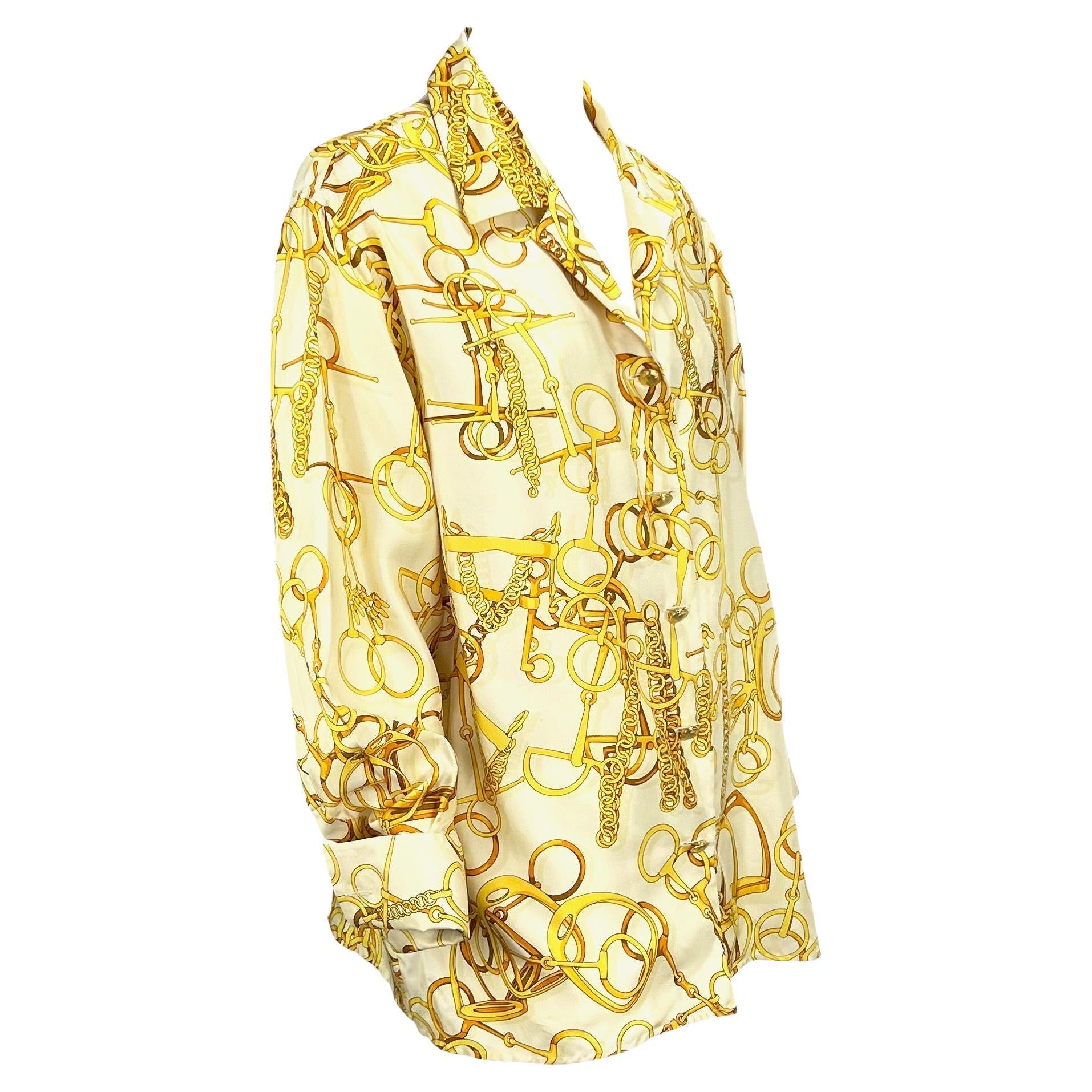 S/S 1993 Gucci White and Gold Horsebit Print French Cuff Button Up Top - RealList