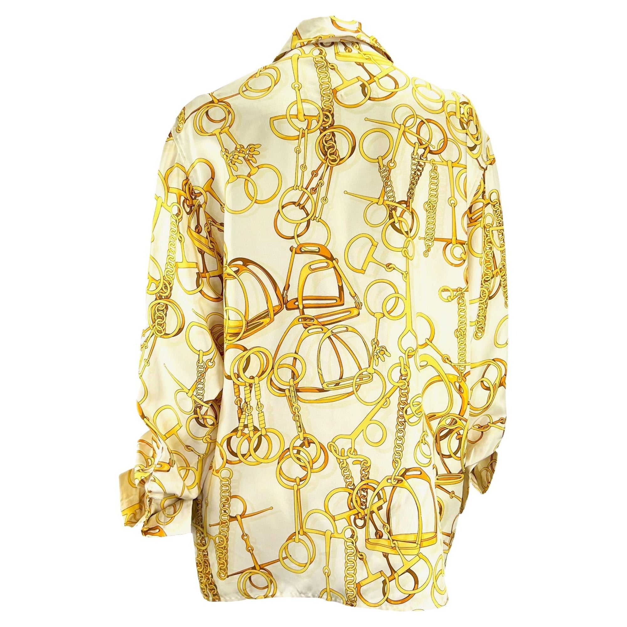 S/S 1993 Gucci White and Gold Horsebit Print French Cuff Button Up Top - RealList