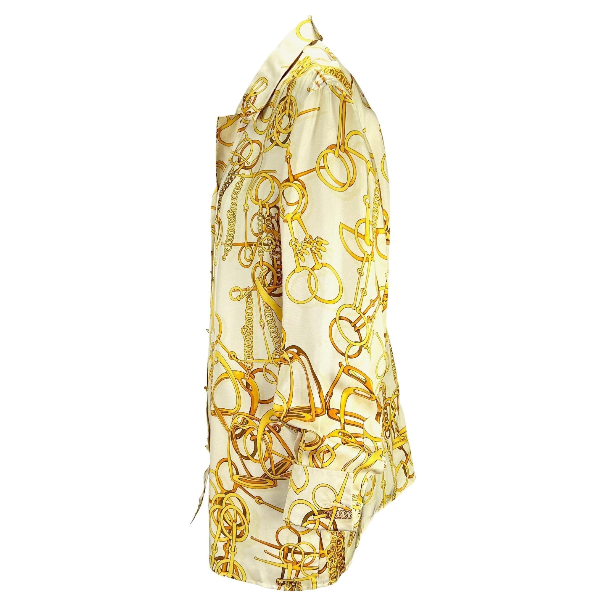 S/S 1993 Gucci White and Gold Horsebit Print French Cuff Button Up Top - RealList