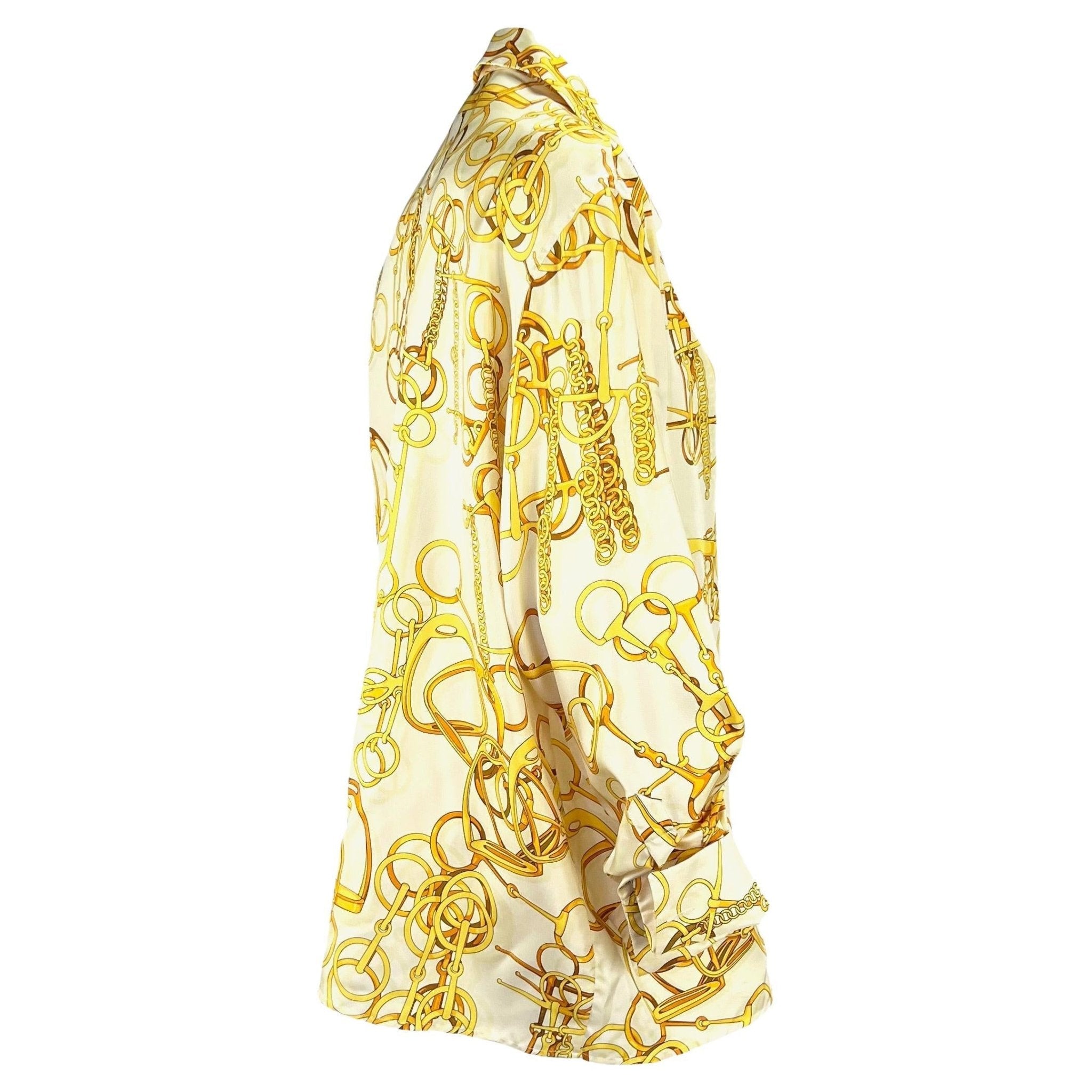 S/S 1993 Gucci White and Gold Horsebit Print French Cuff Button Up Top - RealList