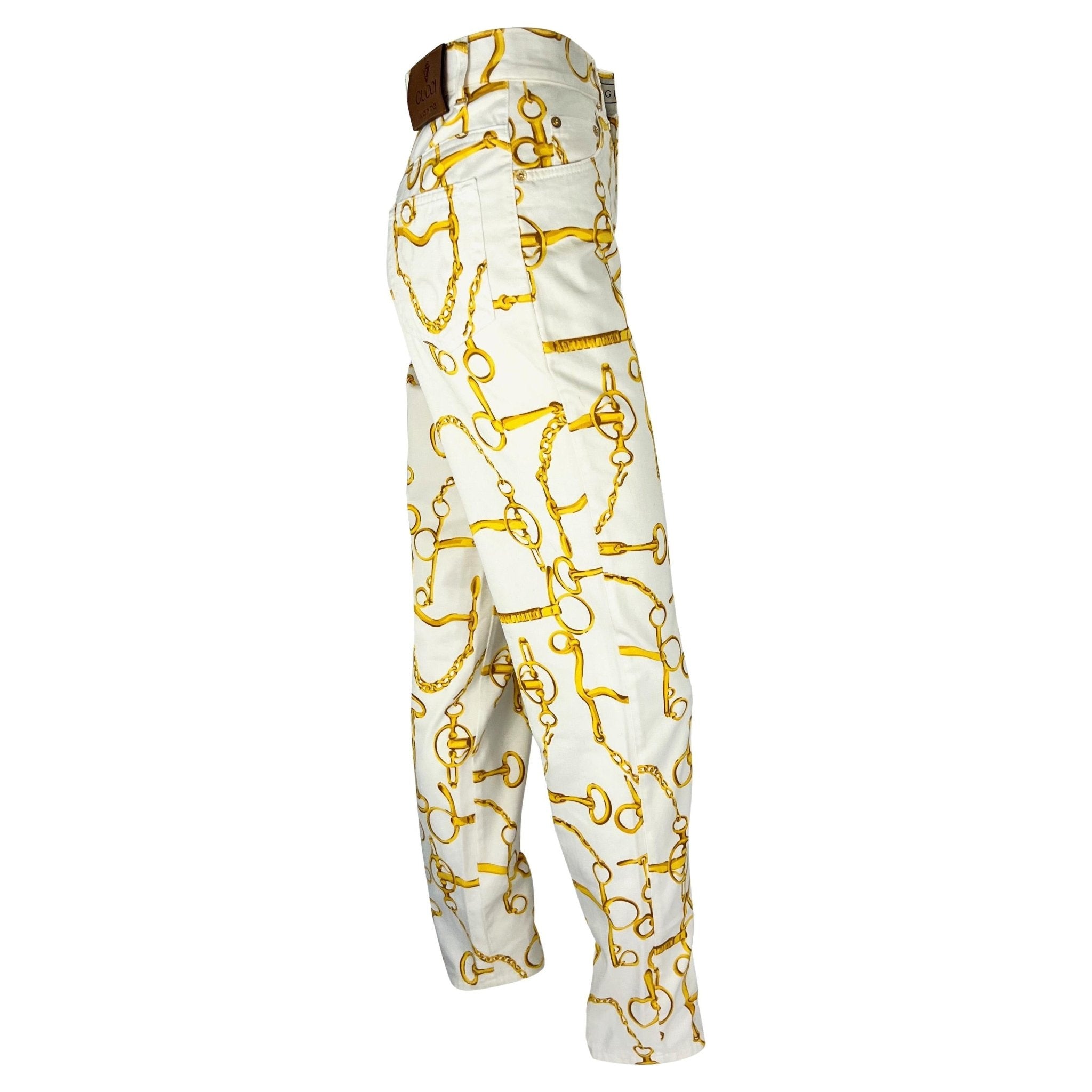 S/S 1993 Gucci White Gold Horsebit Chain Print High - Waisted Jean Pants - RealList