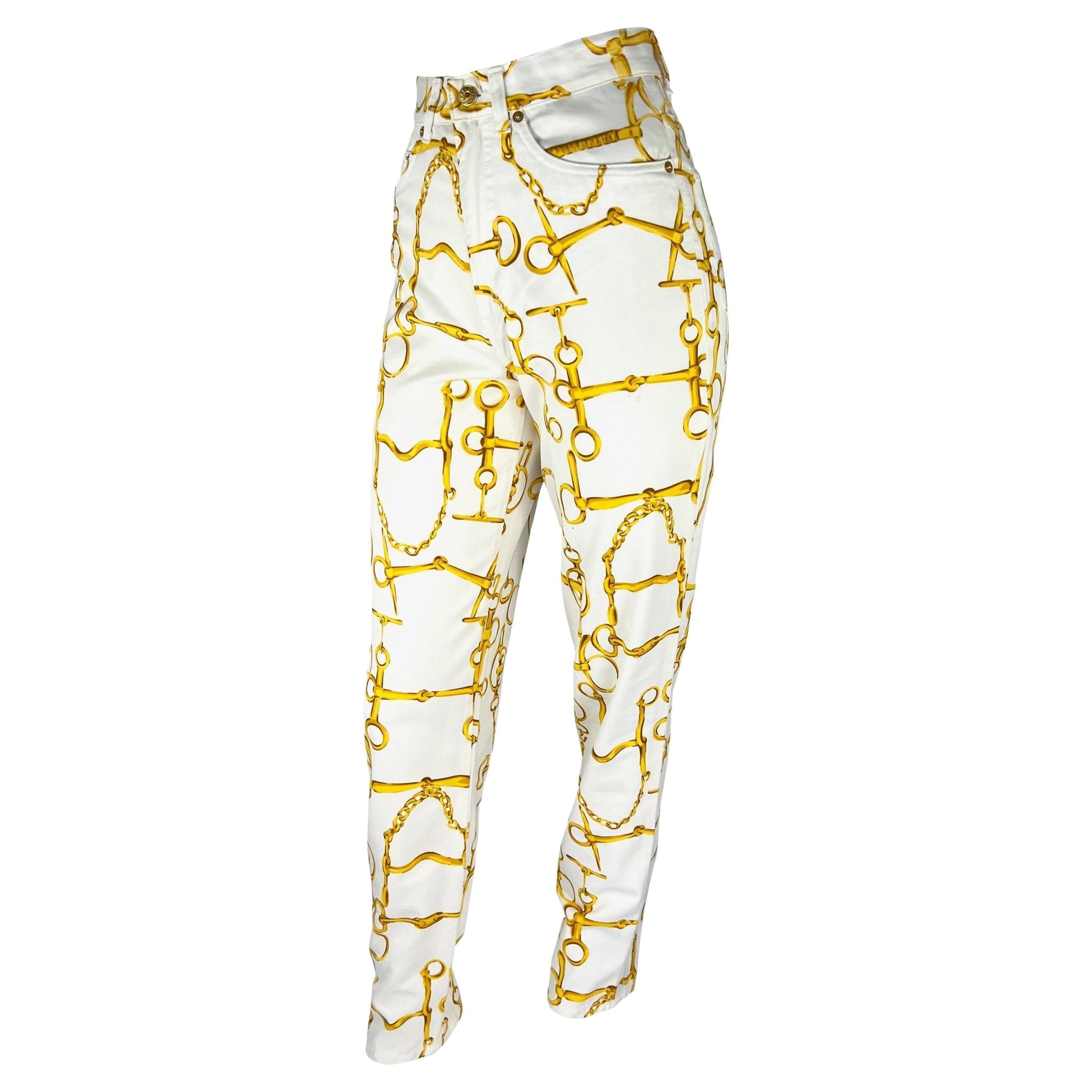 S/S 1993 Gucci White Gold Horsebit Chain Print High - Waisted Jean Pants - RealList