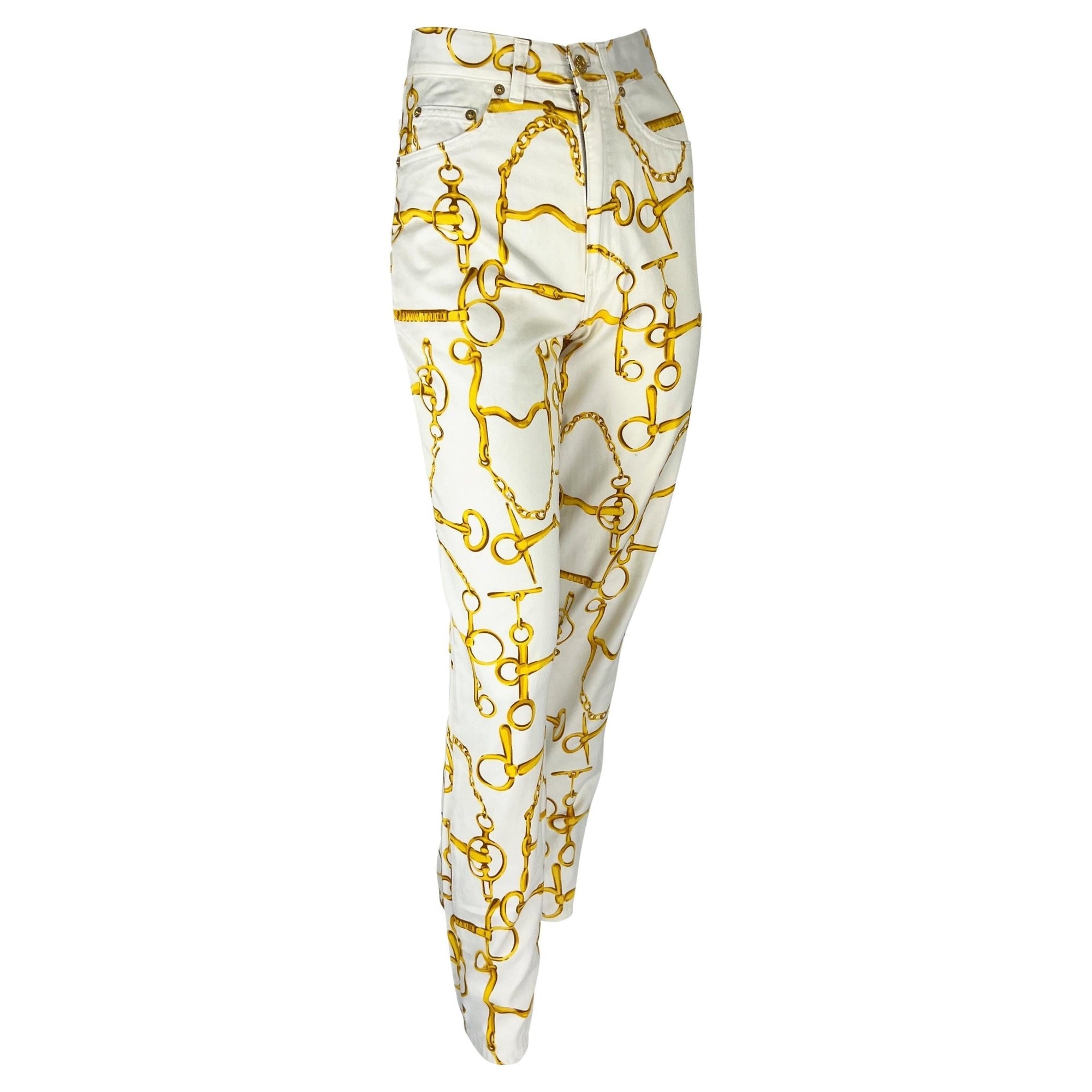 S/S 1993 Gucci White Gold Horsebit Chain Print High - Waisted Jean Pants - RealList