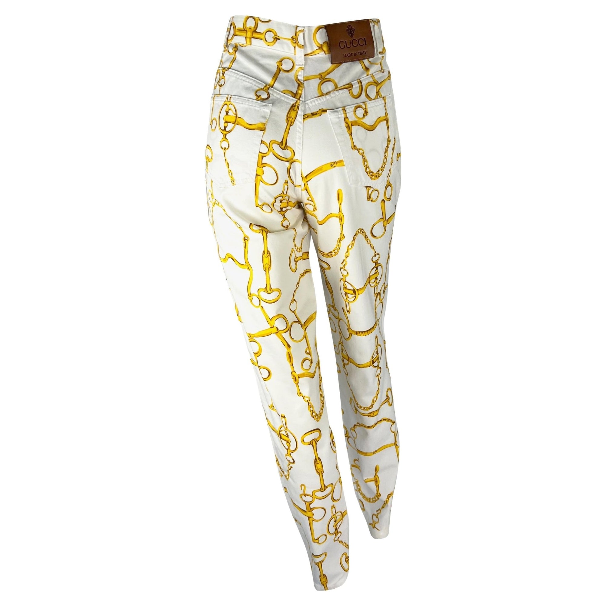 S/S 1993 Gucci White Gold Horsebit Chain Print High - Waisted Jean Pants - RealList