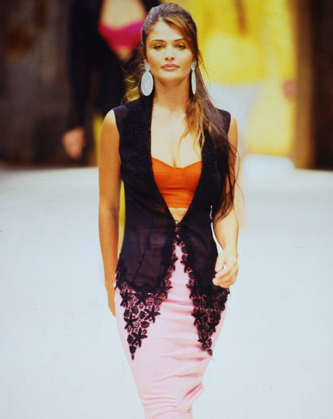 S/S 1993 Rifat Ozbek Runway Sheer Black Lace-Trim Plunging Vest - RealList