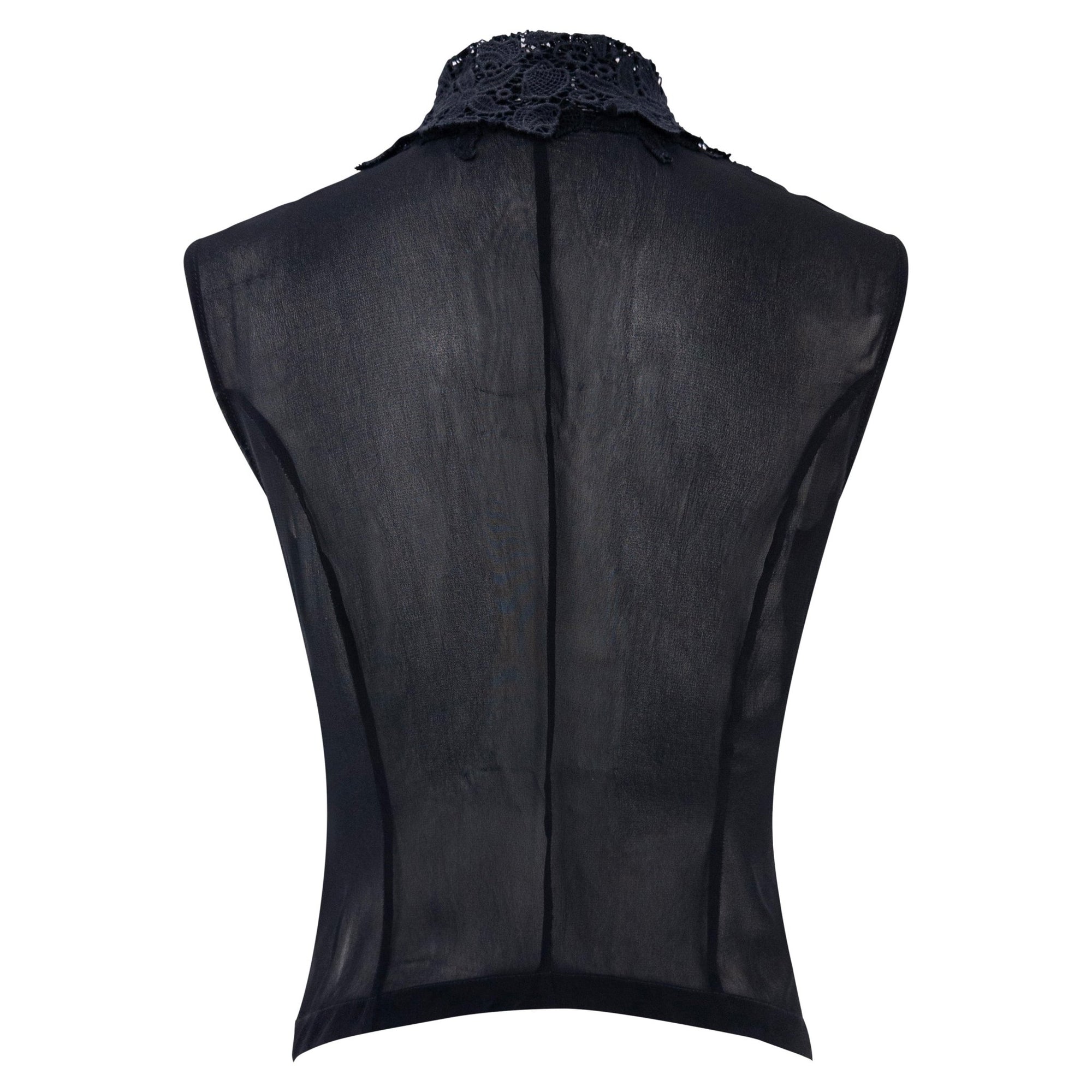 S/S 1993 Rifat Ozbek Runway Sheer Black Lace-Trim Plunging Vest - RealList