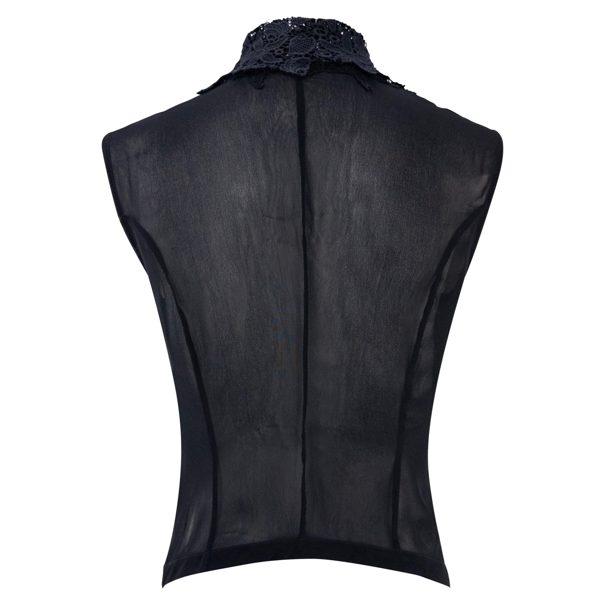 S/S 1993 Rifat Ozbek Runway Sheer Black Lace-Trim Plunging Vest - RealList