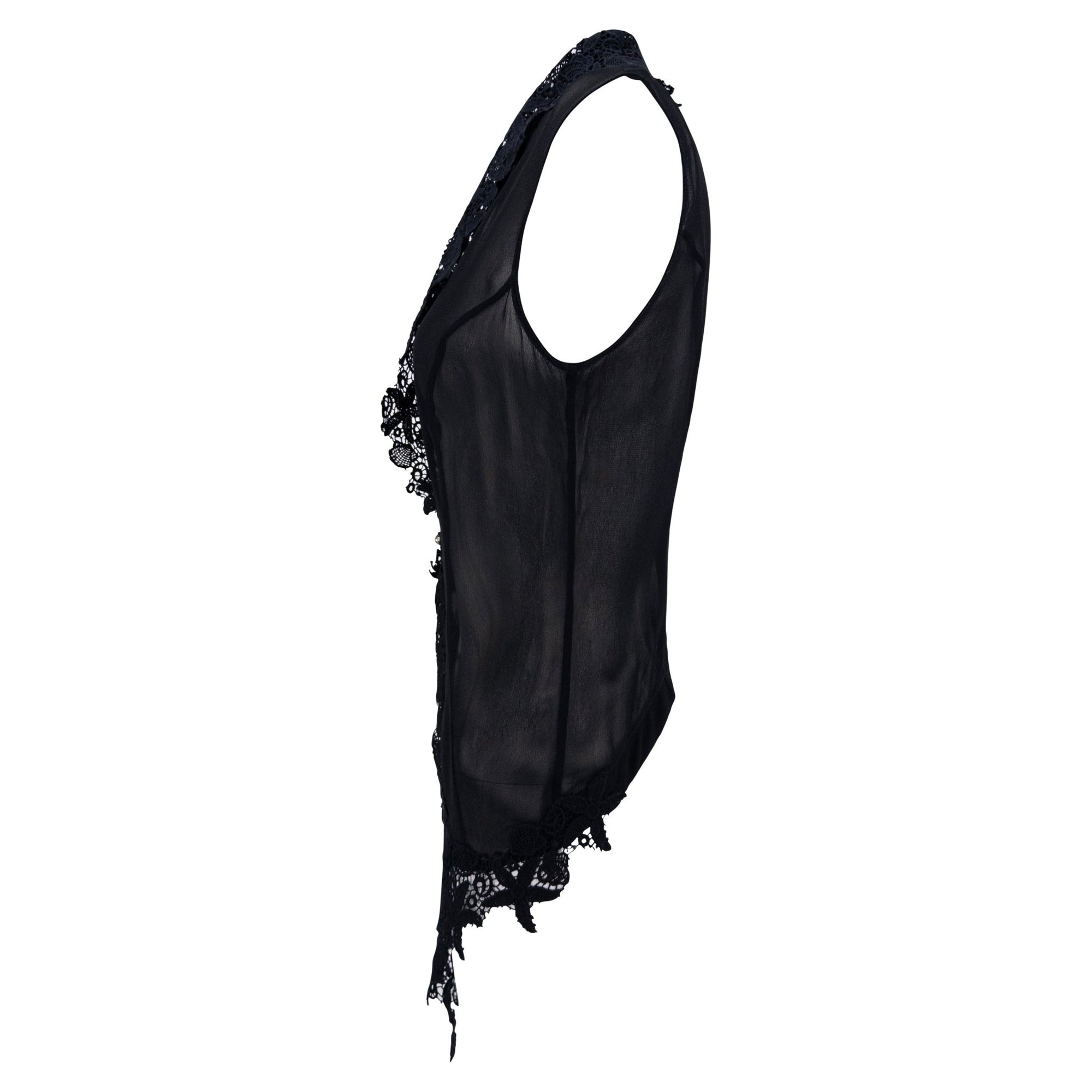 S/S 1993 Rifat Ozbek Runway Sheer Black Lace-Trim Plunging Vest - RealList
