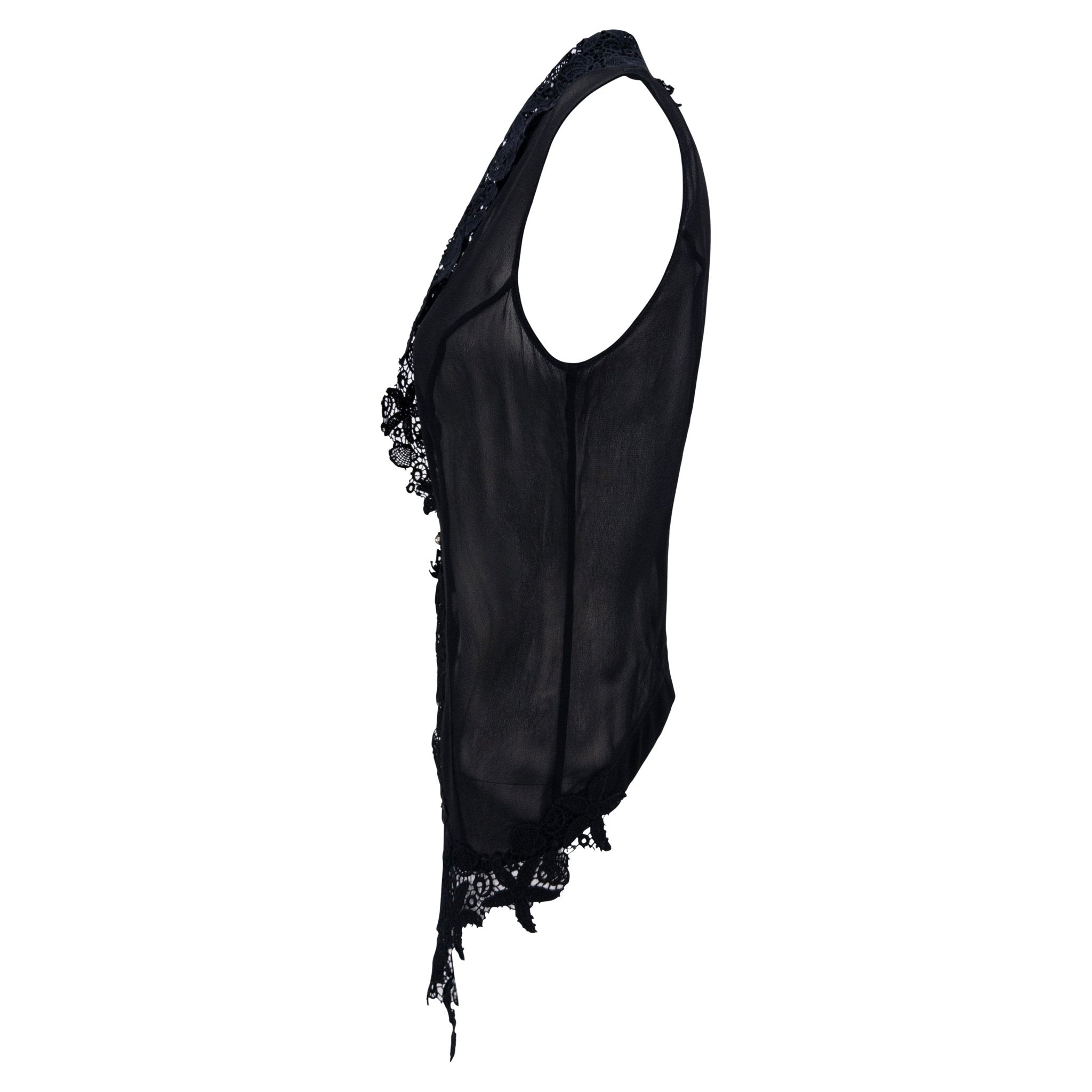 S/S 1993 Rifat Ozbek Runway Sheer Black Lace-Trim Plunging Vest - RealList