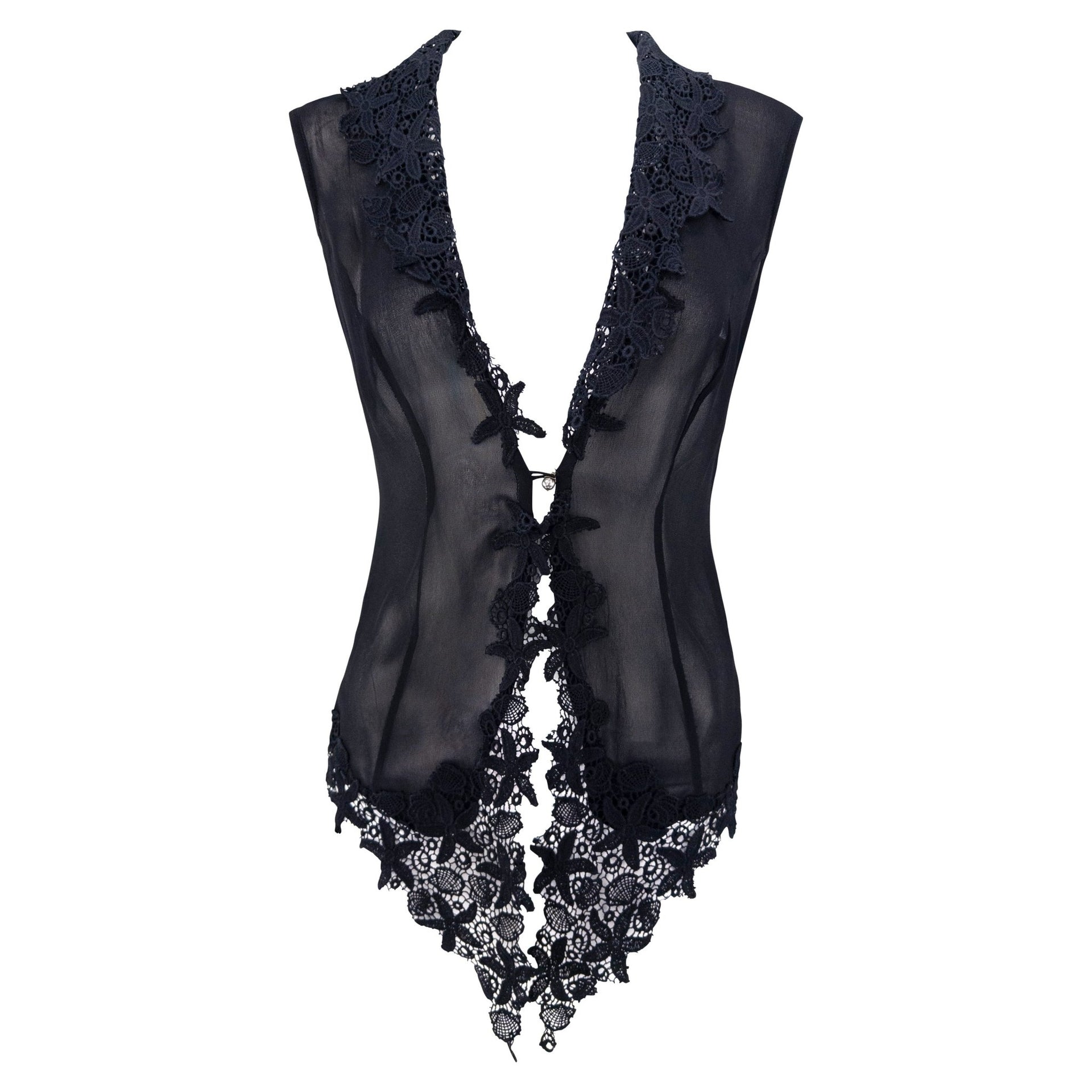 S/S 1993 Rifat Ozbek Runway Sheer Black Lace-Trim Plunging Vest - RealList