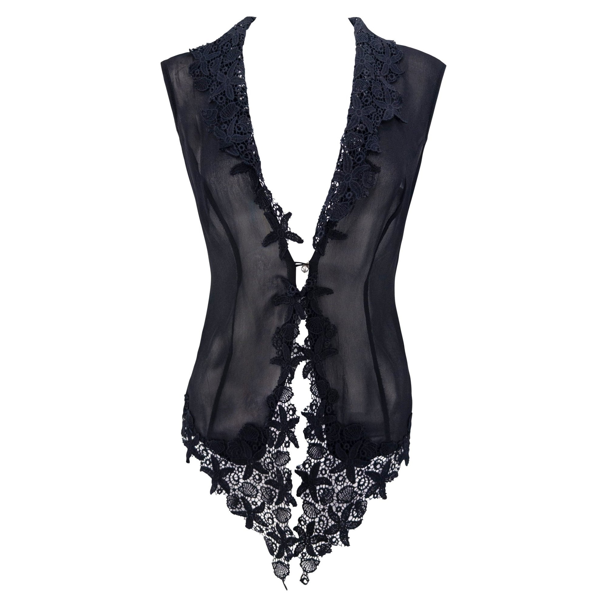 S/S 1993 Rifat Ozbek Runway Sheer Black Lace-Trim Plunging Vest - RealList