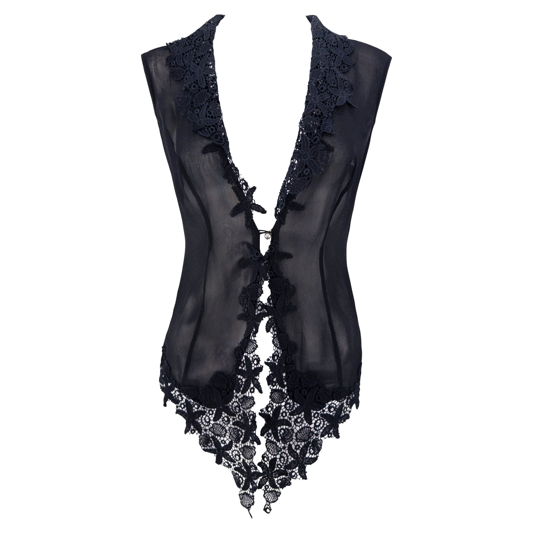 S/S 1993 Rifat Ozbek Runway Sheer Black Lace-Trim Plunging Vest - RealList